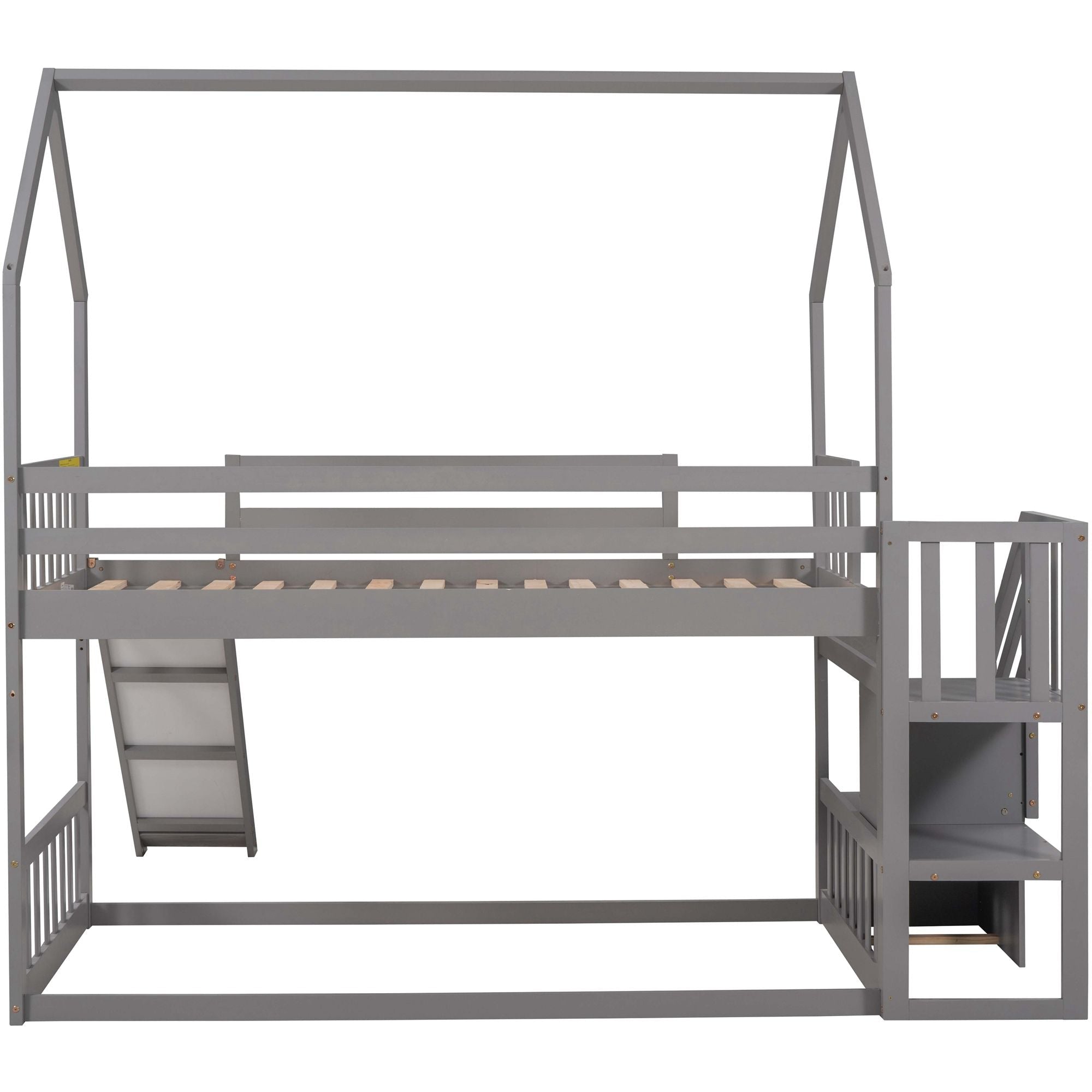 Imaginative Twin Over Twin Wood Bunk Bed with Convertible Slide and Storage Stairs, Gray | Just Better Bunk Beds
