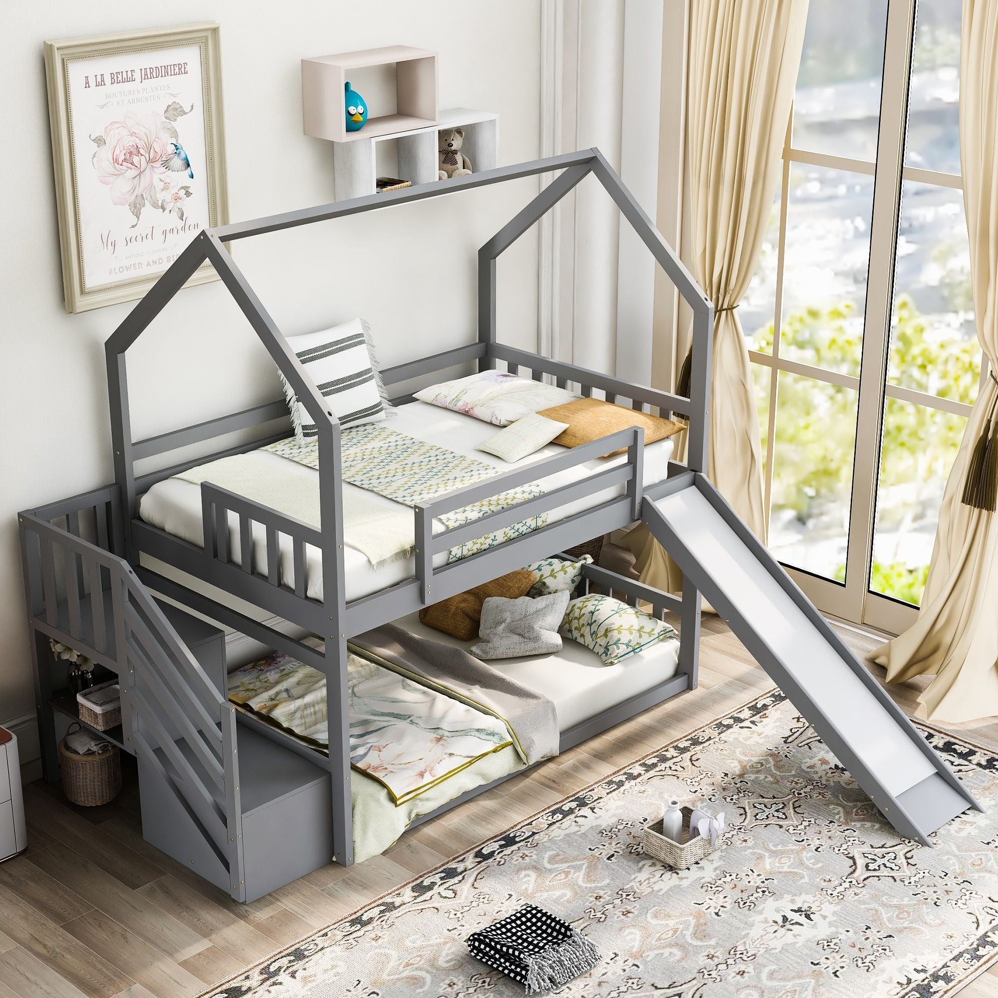 Imaginative Twin Over Twin Wood Bunk Bed with Convertible Slide and Storage Stairs, Gray | Just Better Bunk Beds