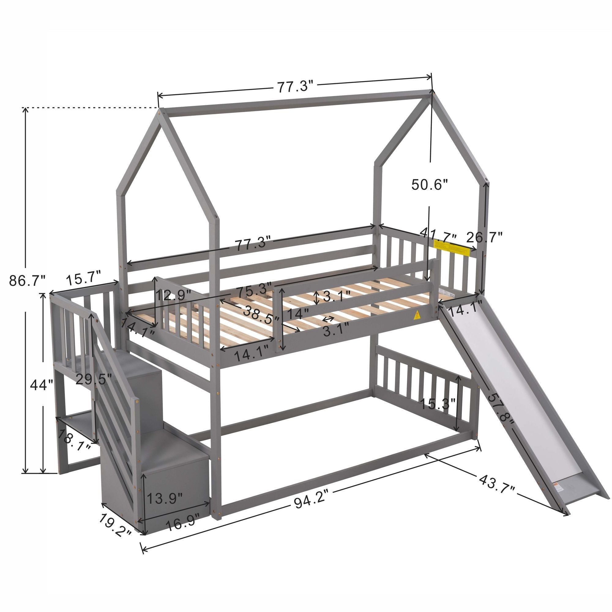 Imaginative Twin Over Twin Wood Bunk Bed with Convertible Slide and Storage Stairs, Gray | Just Better Bunk Beds