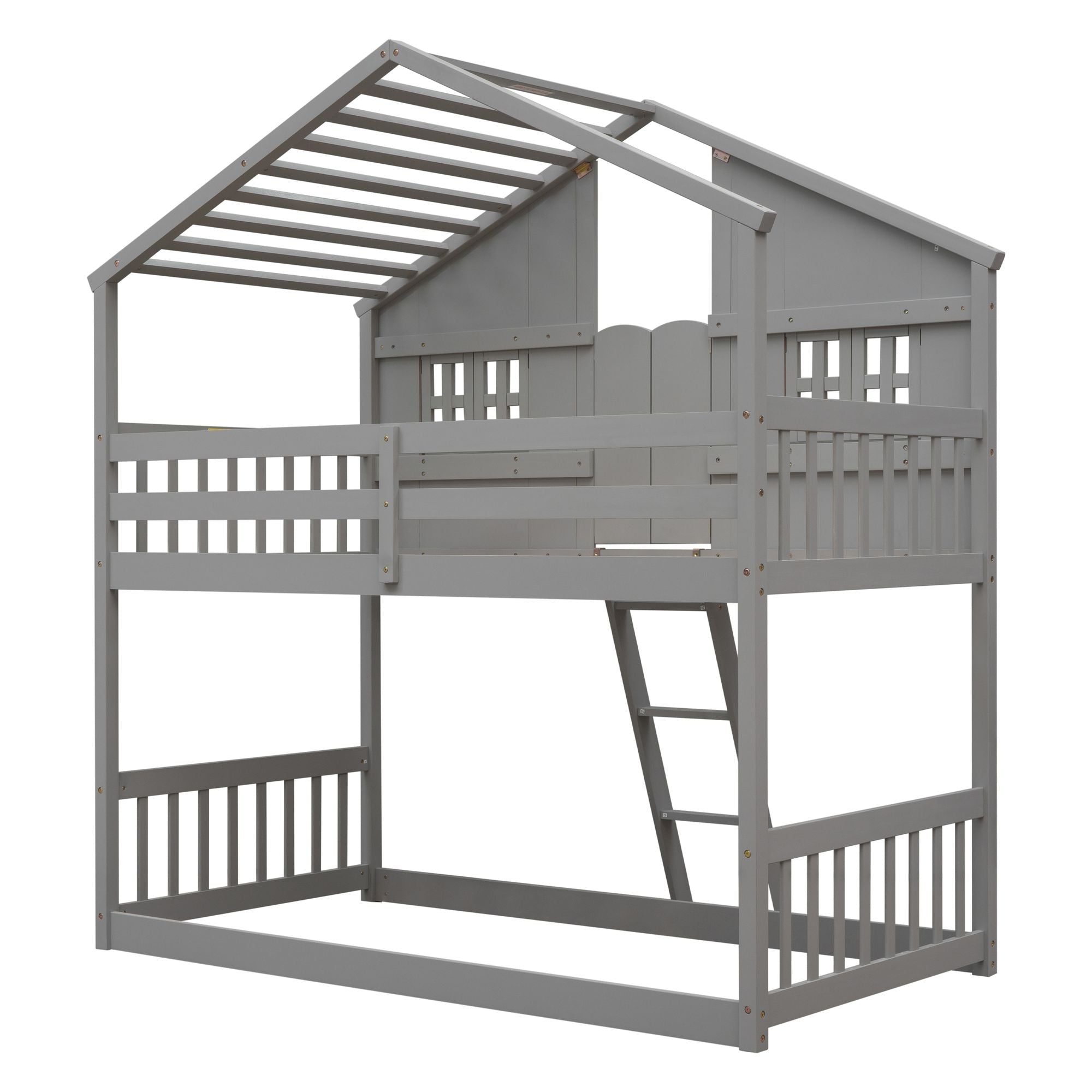 Imaginative Twin Over Twin Wood House Bunk Bed with Roof, Window, Door, Ladder in Multiple Colors | Just Better Bunk Beds