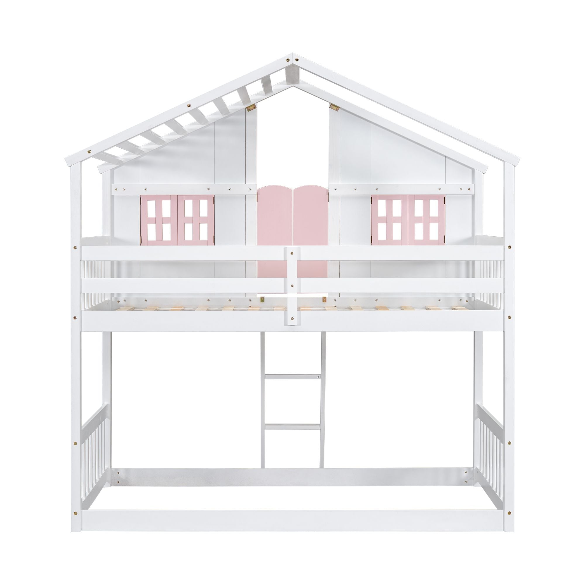 Imaginative Twin Over Twin Wood House Bunk Bed with Roof, Window, Door, Ladder in Multiple Colors | Just Better Bunk Beds
