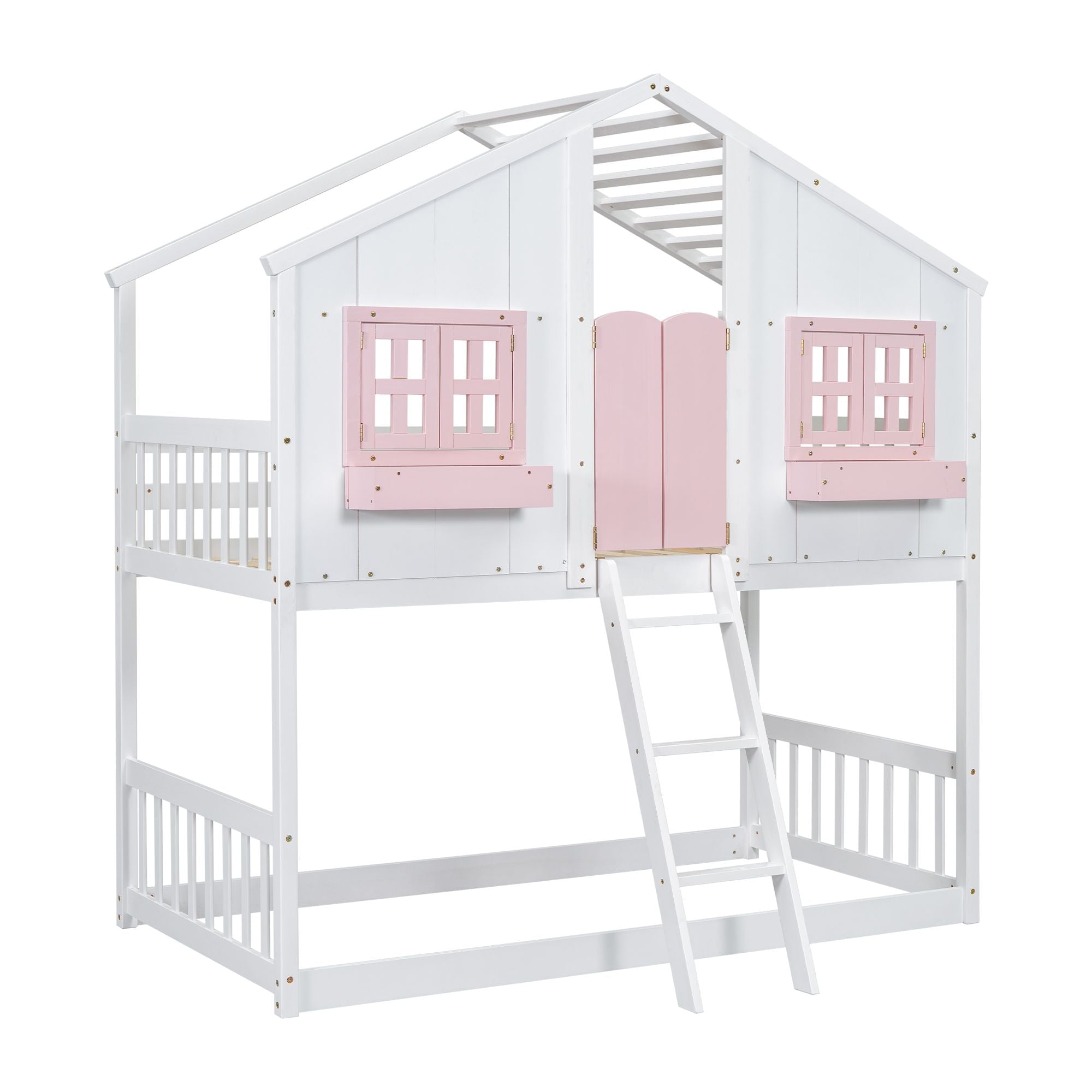 Imaginative Twin Over Twin Wood House Bunk Bed with Roof, Window, Door, Ladder in Multiple Colors | Just Better Bunk Beds