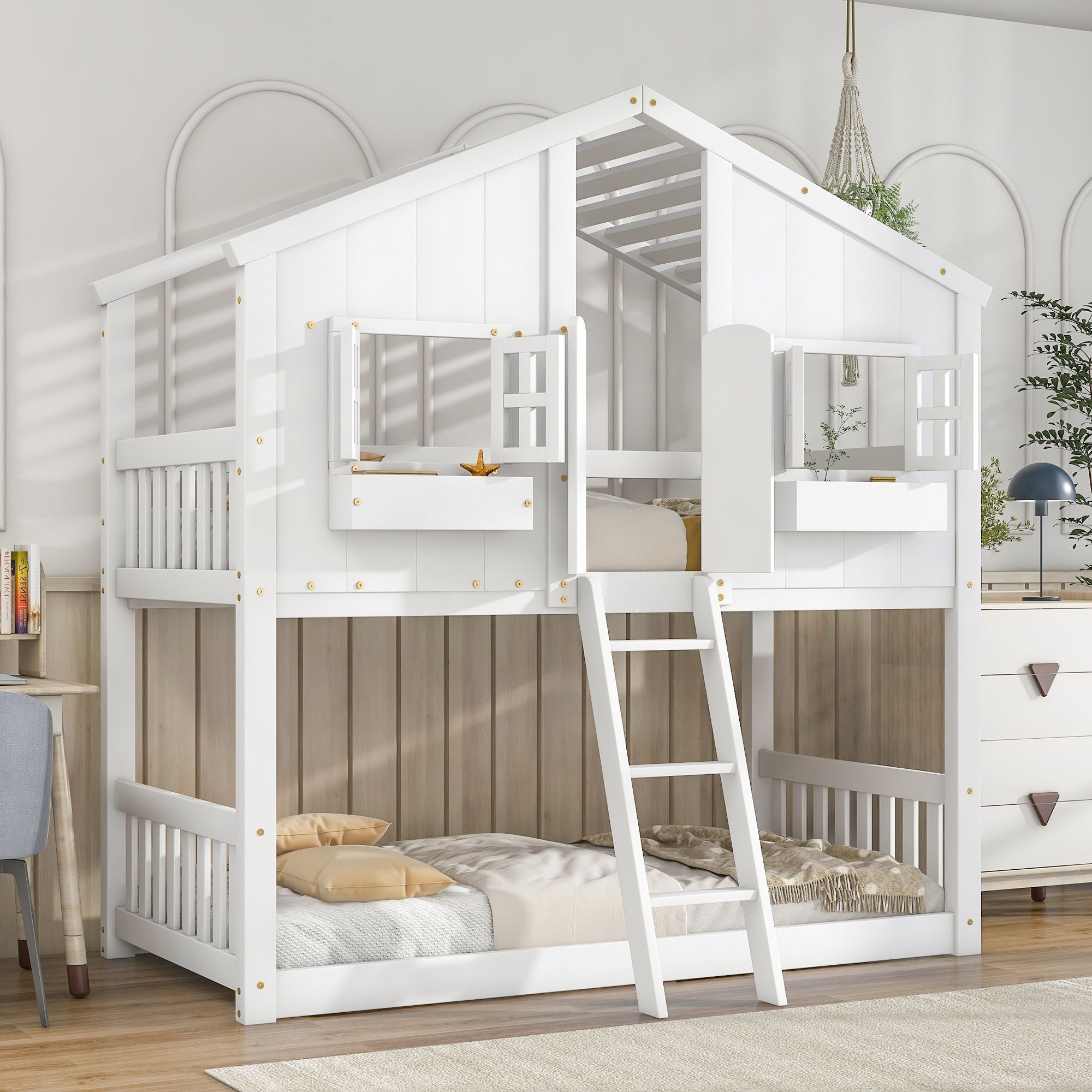 Imaginative Twin Over Twin Wood House Bunk Bed with Roof, Window, Door, Ladder in Multiple Colors | Just Better Bunk Beds