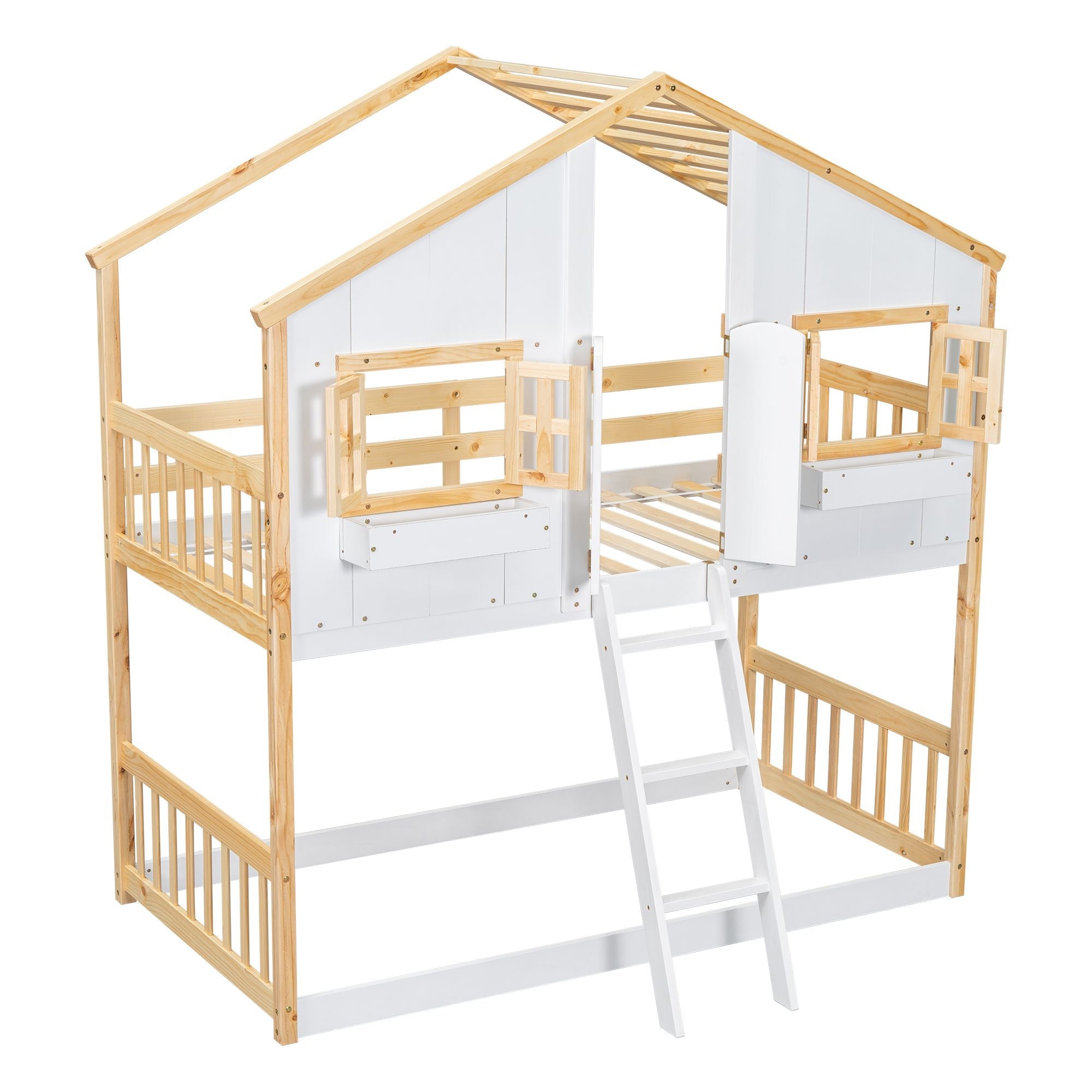 Imaginative Twin Over Twin Wood House Bunk Bed with Roof, Window, Door, Ladder in Multiple Colors | Just Better Bunk Beds