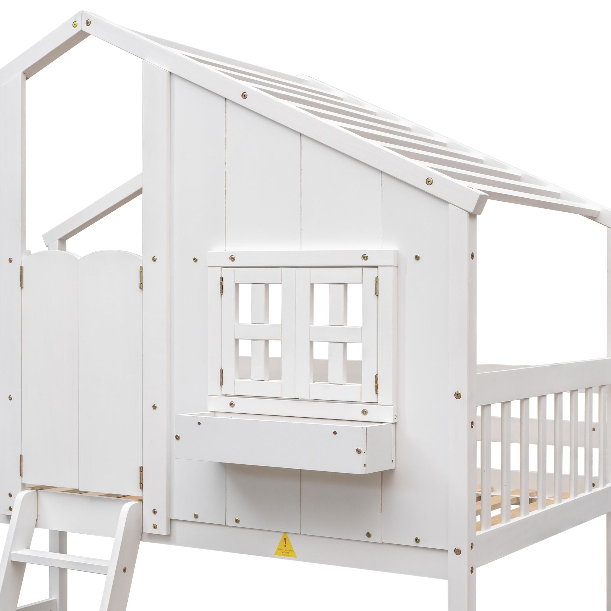 Imaginative Twin Over Twin Wood House Bunk Bed with Roof, Window, Door, Ladder in Multiple Colors | Just Better Bunk Beds