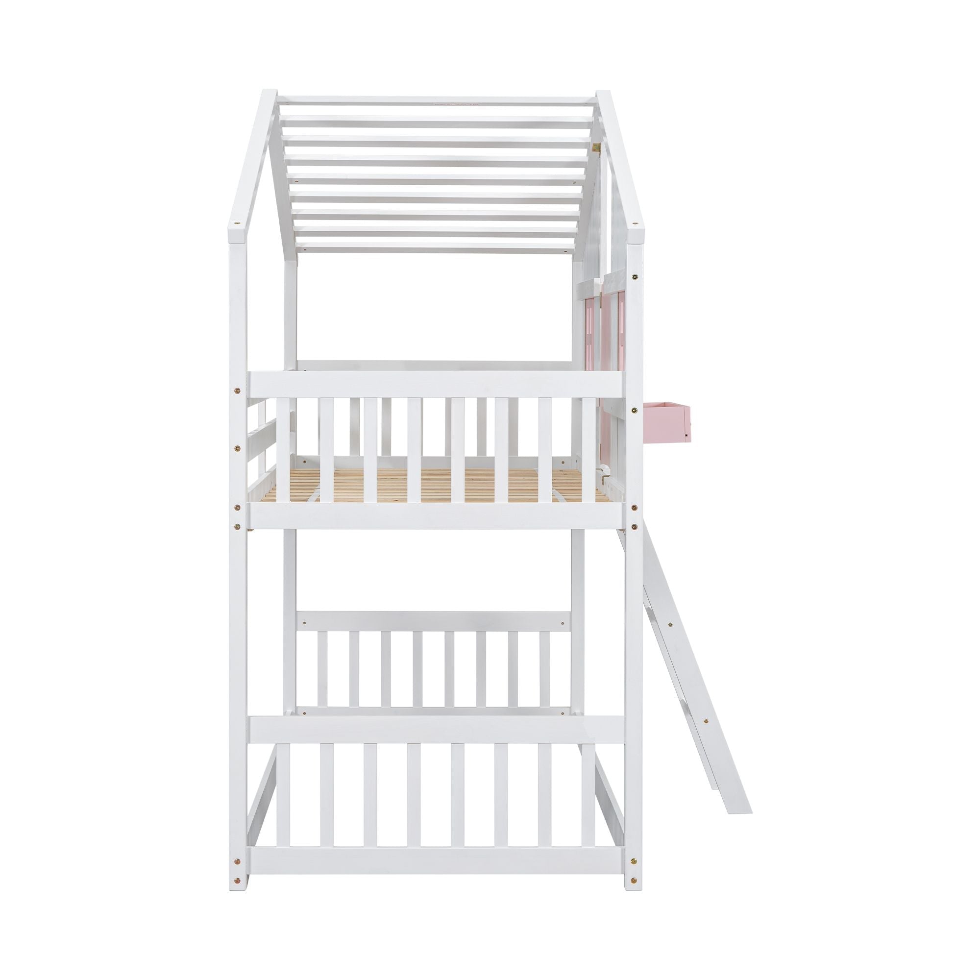 Imaginative Twin Over Twin Wood House Bunk Bed with Roof, Window, Door, Ladder in Multiple Colors | Just Better Bunk Beds