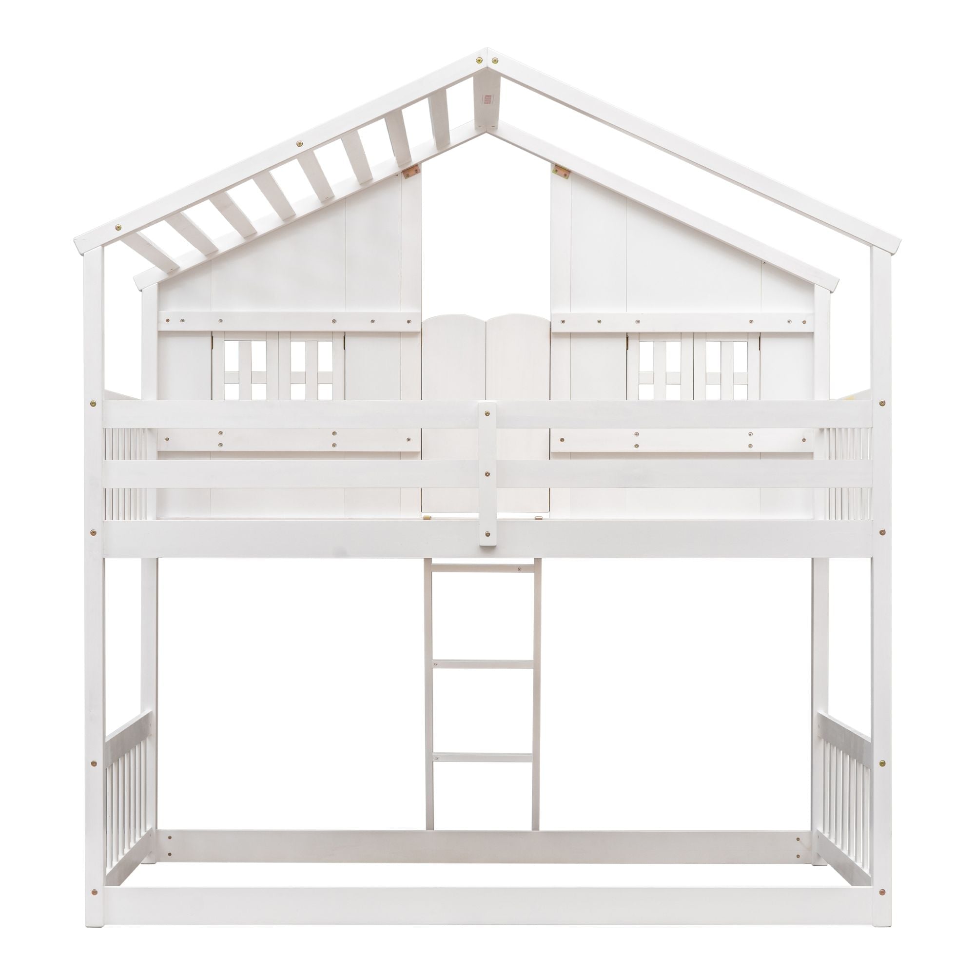 Imaginative Twin Over Twin Wood House Bunk Bed with Roof, Window, Door, Ladder in Multiple Colors | Just Better Bunk Beds