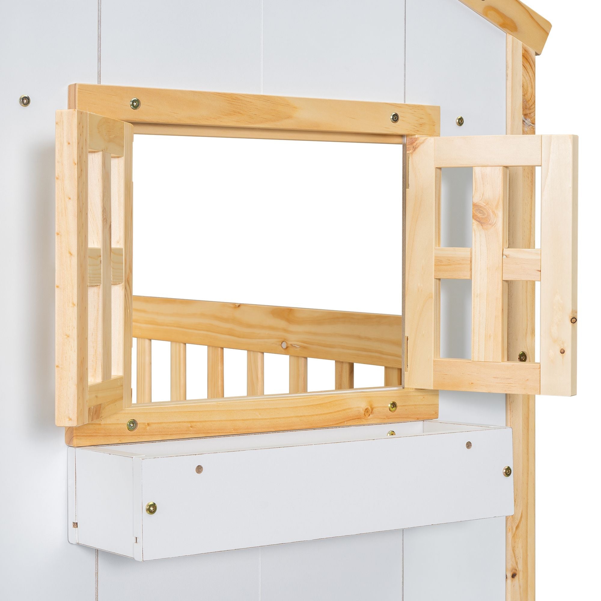 Imaginative Twin Over Twin Wood House Bunk Bed with Roof, Window, Door, Ladder in Multiple Colors | Just Better Bunk Beds