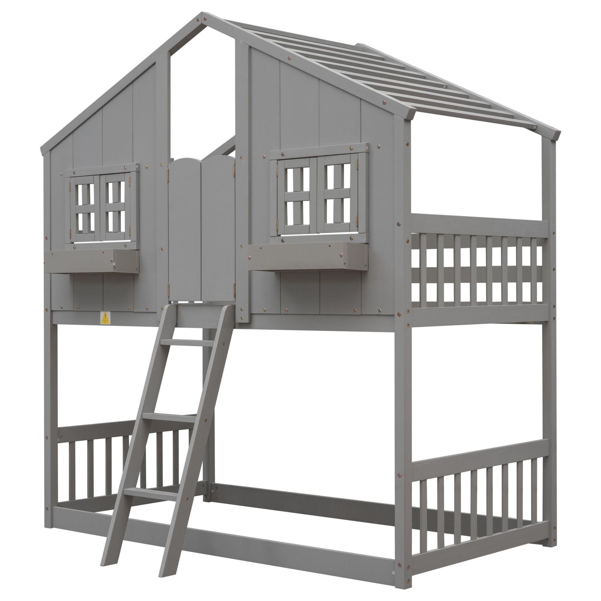 Imaginative Twin Over Twin Wood House Bunk Bed with Roof, Window, Door, Ladder in Multiple Colors | Just Better Bunk Beds