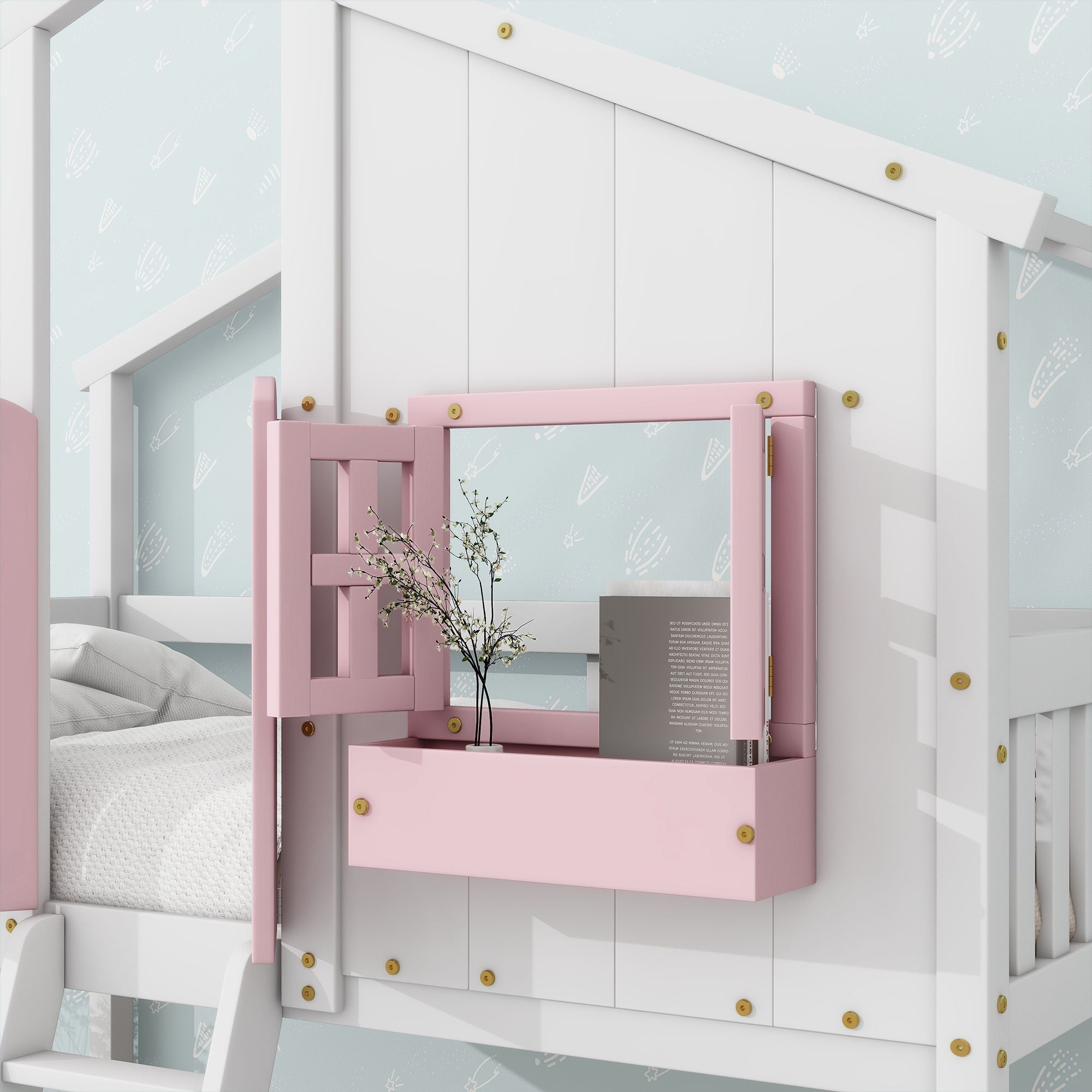 Imaginative Twin Over Twin Wood House Bunk Bed with Roof, Window, Door, Ladder in Multiple Colors | Just Better Bunk Beds