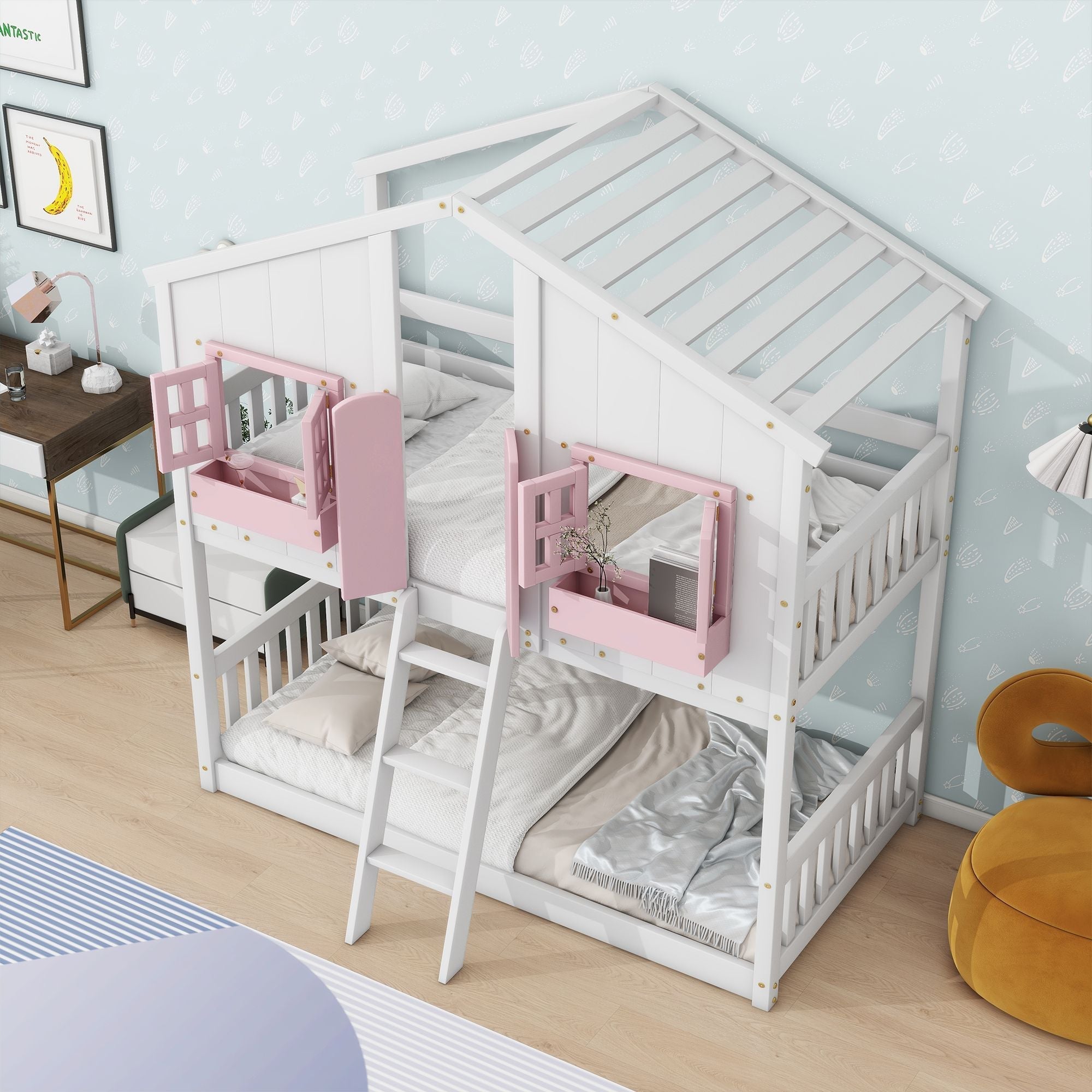 Imaginative Twin Over Twin Wood House Bunk Bed with Roof, Window, Door, Ladder in Multiple Colors | Just Better Bunk Beds
