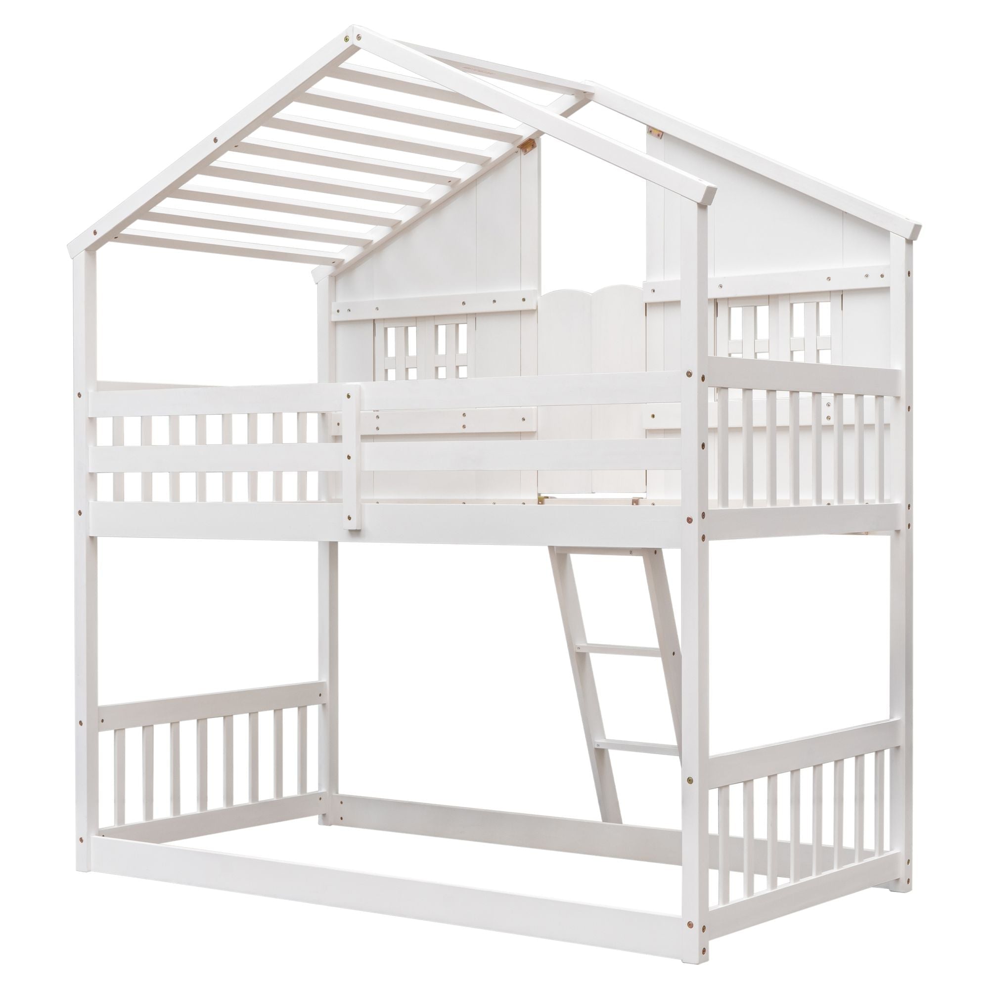 Imaginative Twin Over Twin Wood House Bunk Bed with Roof, Window, Door, Ladder in Multiple Colors | Just Better Bunk Beds