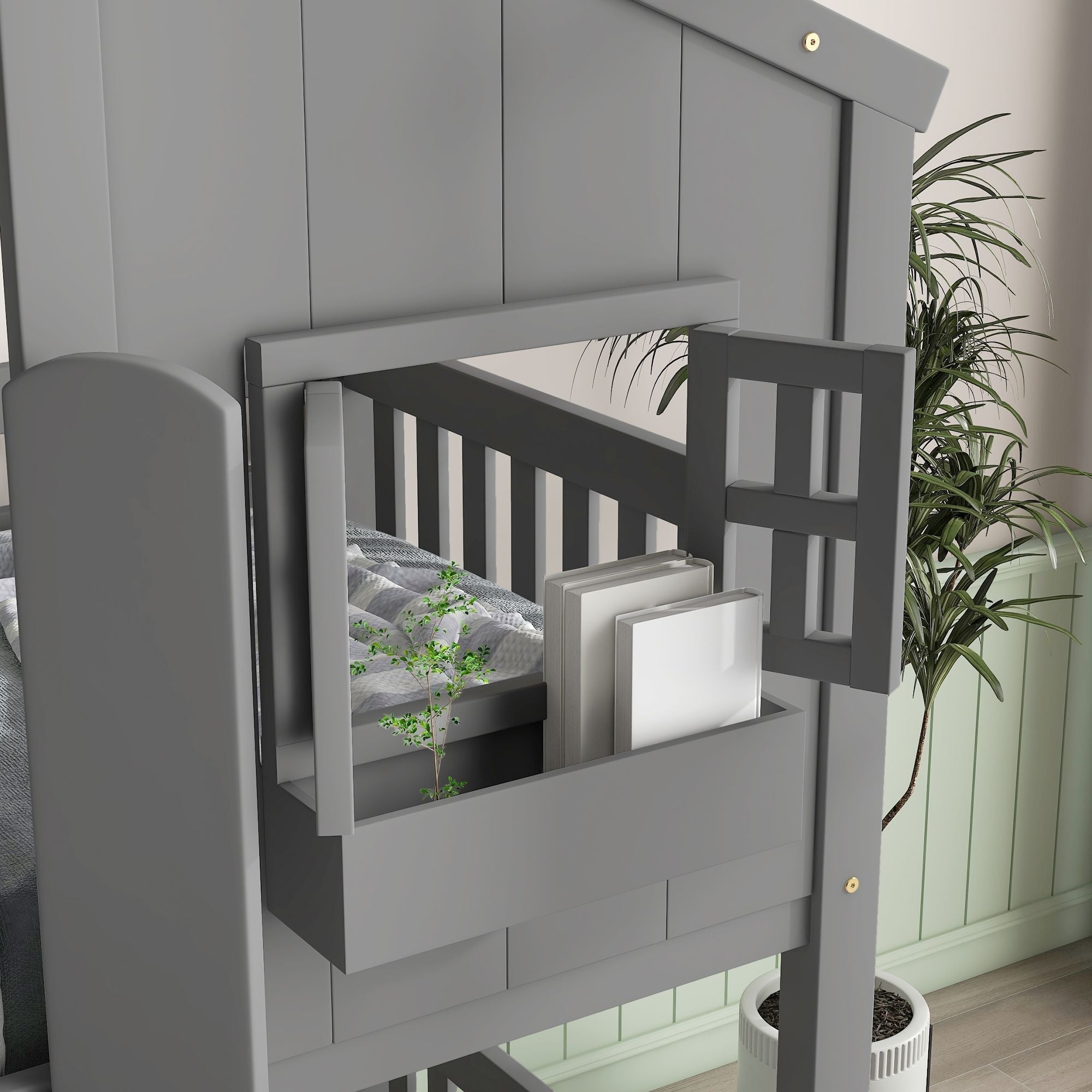Imaginative Twin Over Twin Wood House Bunk Bed with Roof, Window, Door, Ladder in Multiple Colors | Just Better Bunk Beds