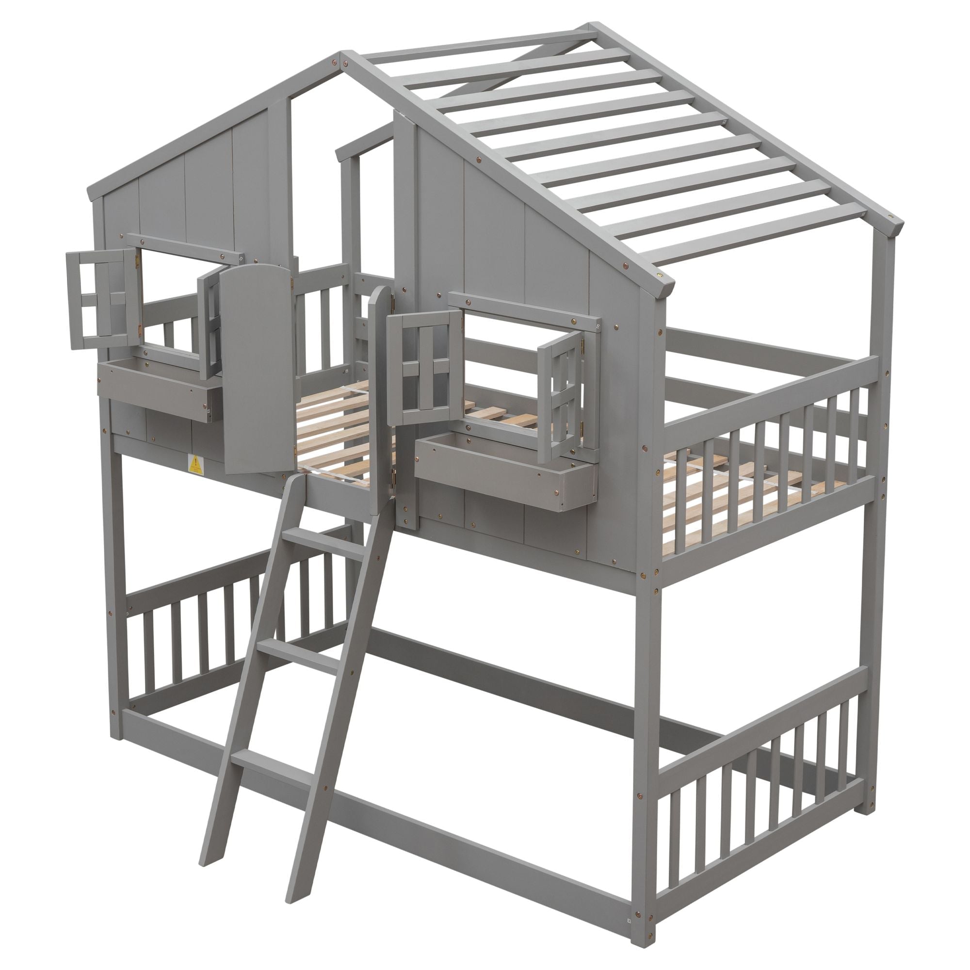 Imaginative Twin Over Twin Wood House Bunk Bed with Roof, Window, Door, Ladder in Multiple Colors | Just Better Bunk Beds