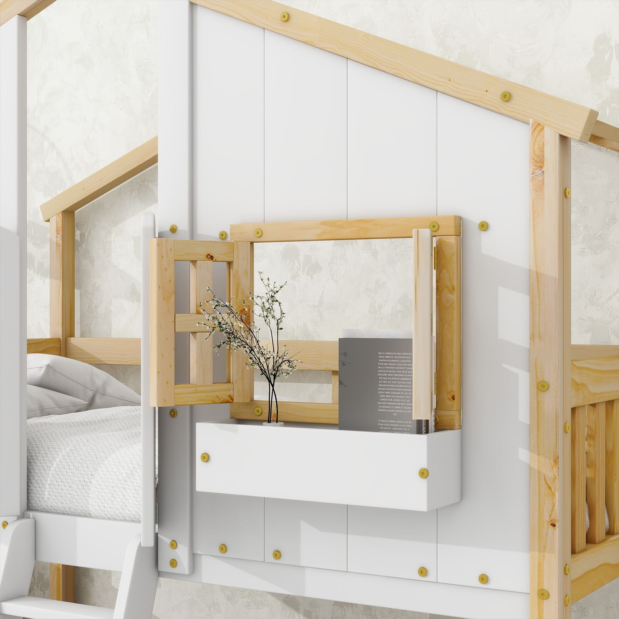 Imaginative Twin Over Twin Wood House Bunk Bed with Roof, Window, Door, Ladder in Multiple Colors | Just Better Bunk Beds