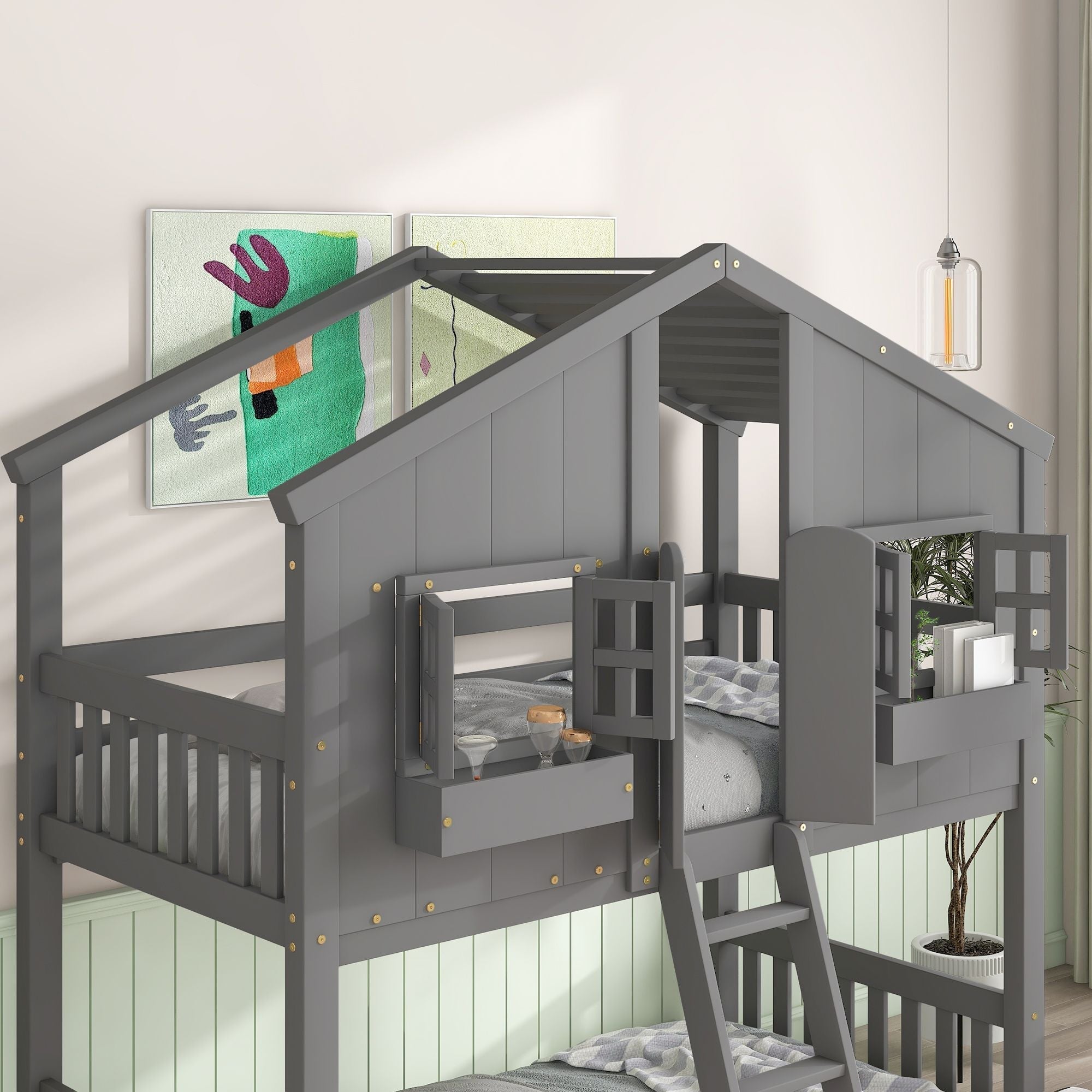 Imaginative Twin Over Twin Wood House Bunk Bed with Roof, Window, Door, Ladder in Multiple Colors | Just Better Bunk Beds
