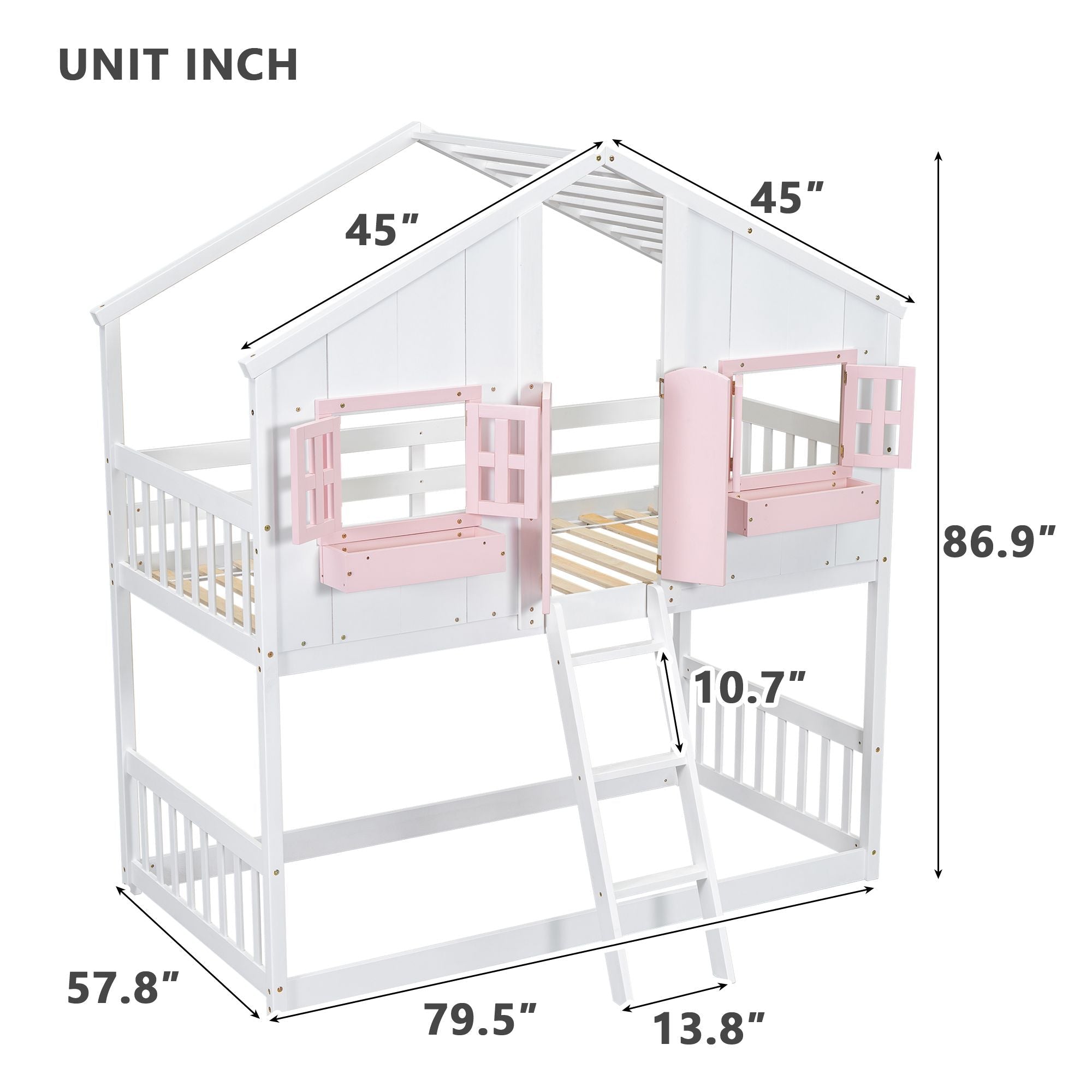Imaginative Twin Over Twin Wood House Bunk Bed with Roof, Window, Door, Ladder in Multiple Colors | Just Better Bunk Beds