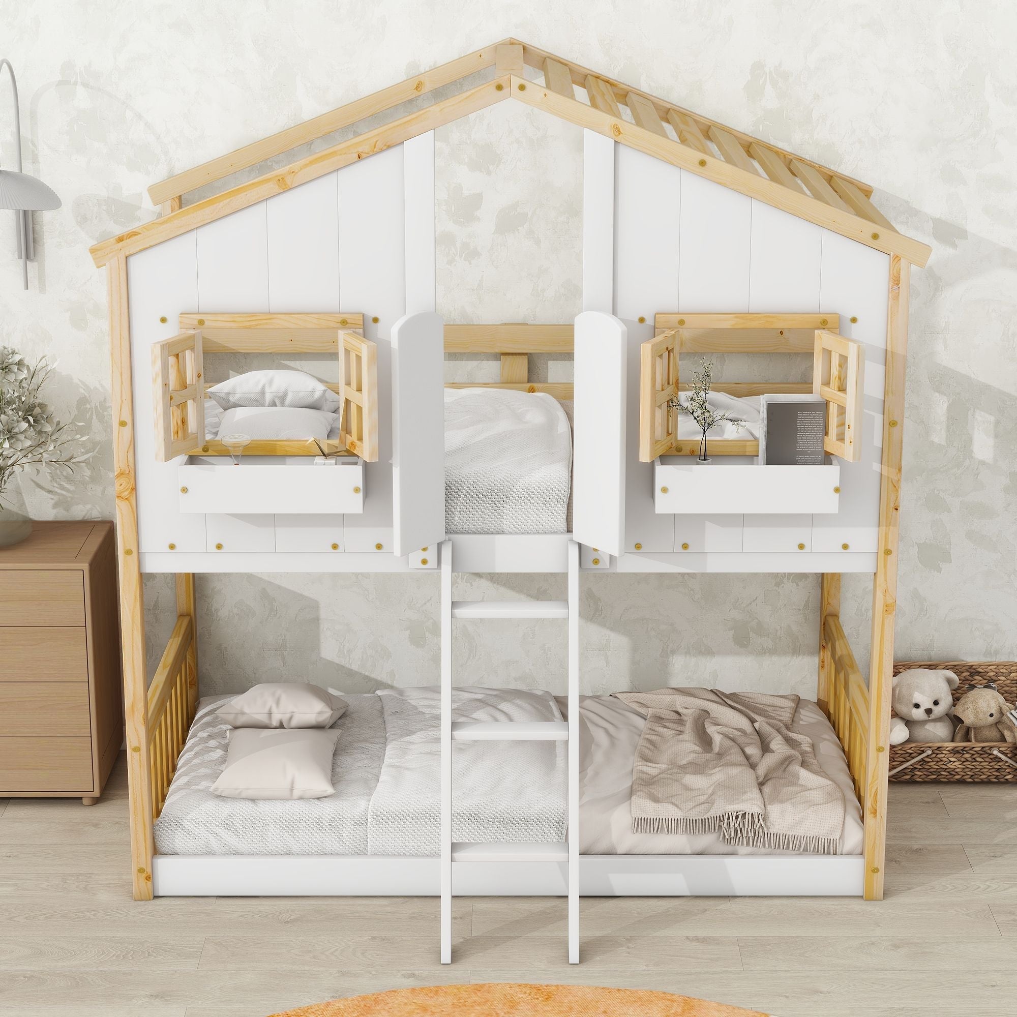 Imaginative Twin Over Twin Wood House Bunk Bed with Roof, Window, Door, Ladder in Multiple Colors | Just Better Bunk Beds