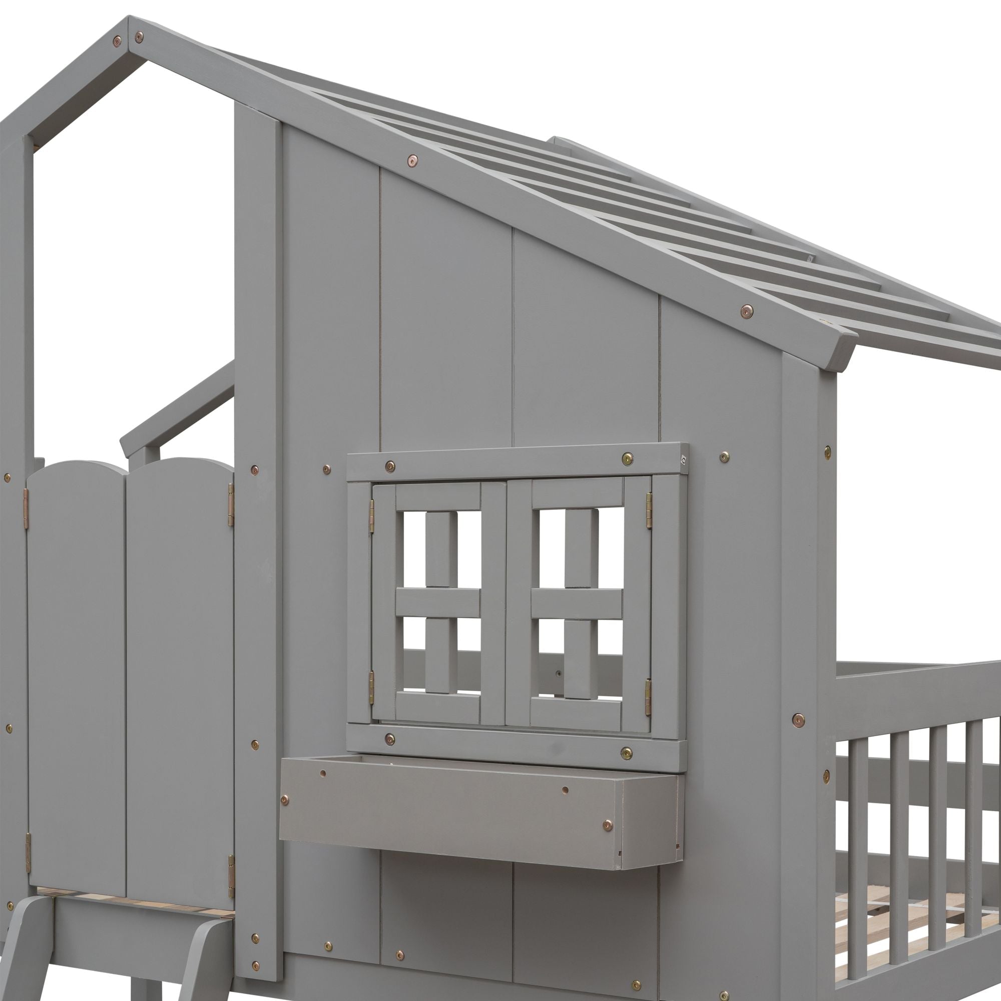 Imaginative Twin Over Twin Wood House Bunk Bed with Roof, Window, Door, Ladder in Multiple Colors | Just Better Bunk Beds