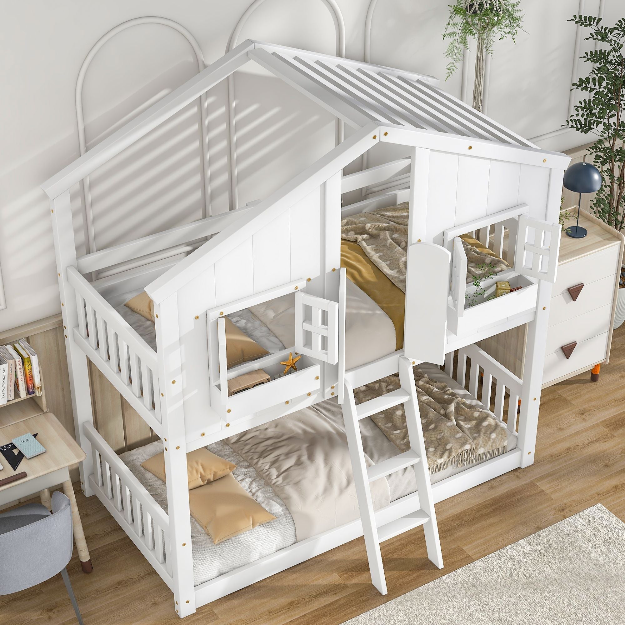 Imaginative Twin Over Twin Wood House Bunk Bed with Roof, Window, Door, Ladder in Multiple Colors | Just Better Bunk Beds