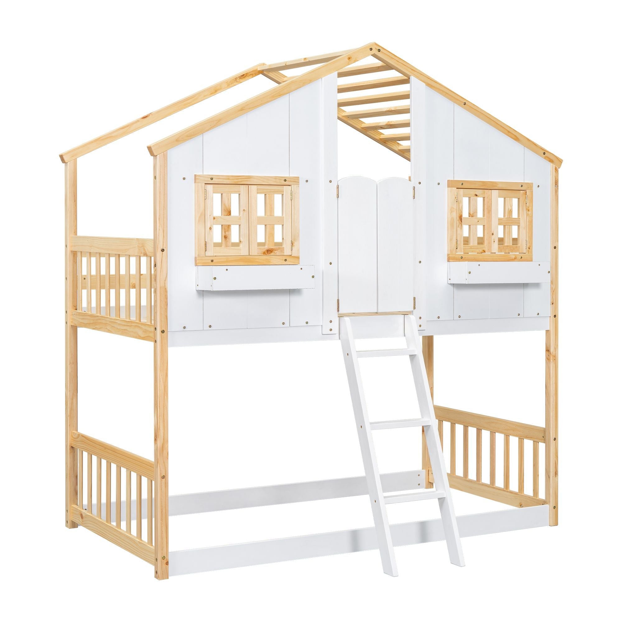 Imaginative Twin Over Twin Wood House Bunk Bed with Roof, Window, Door, Ladder in Multiple Colors | Just Better Bunk Beds