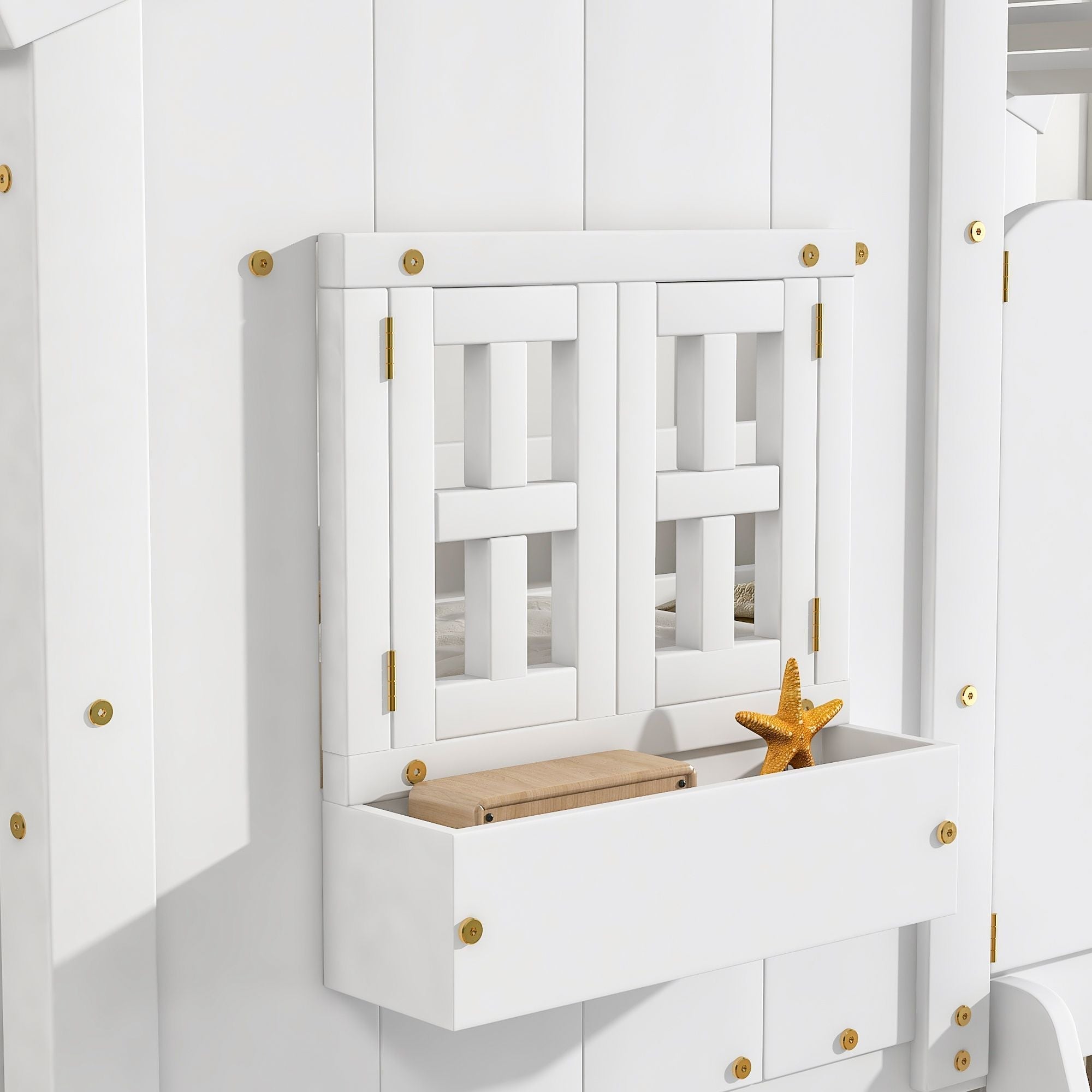 Imaginative Twin Over Twin Wood House Bunk Bed with Roof, Window, Door, Ladder in Multiple Colors | Just Better Bunk Beds