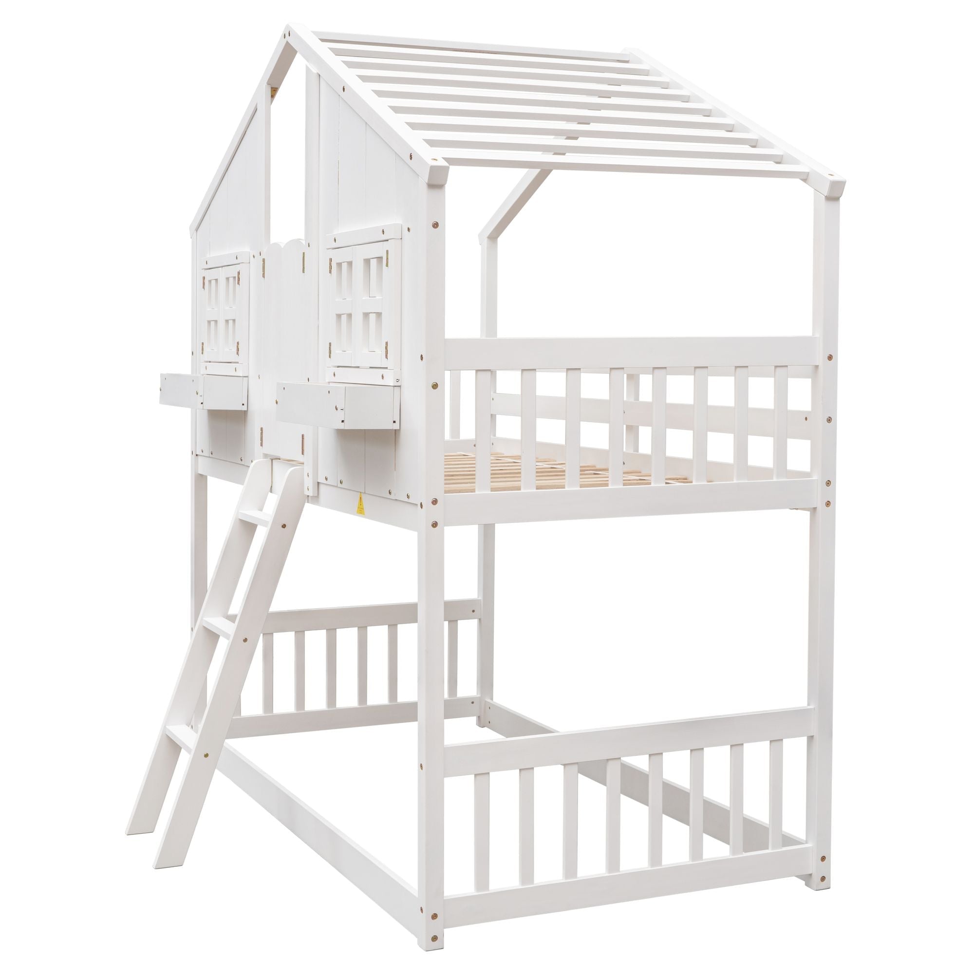 Imaginative Twin Over Twin Wood House Bunk Bed with Roof, Window, Door, Ladder in Multiple Colors | Just Better Bunk Beds