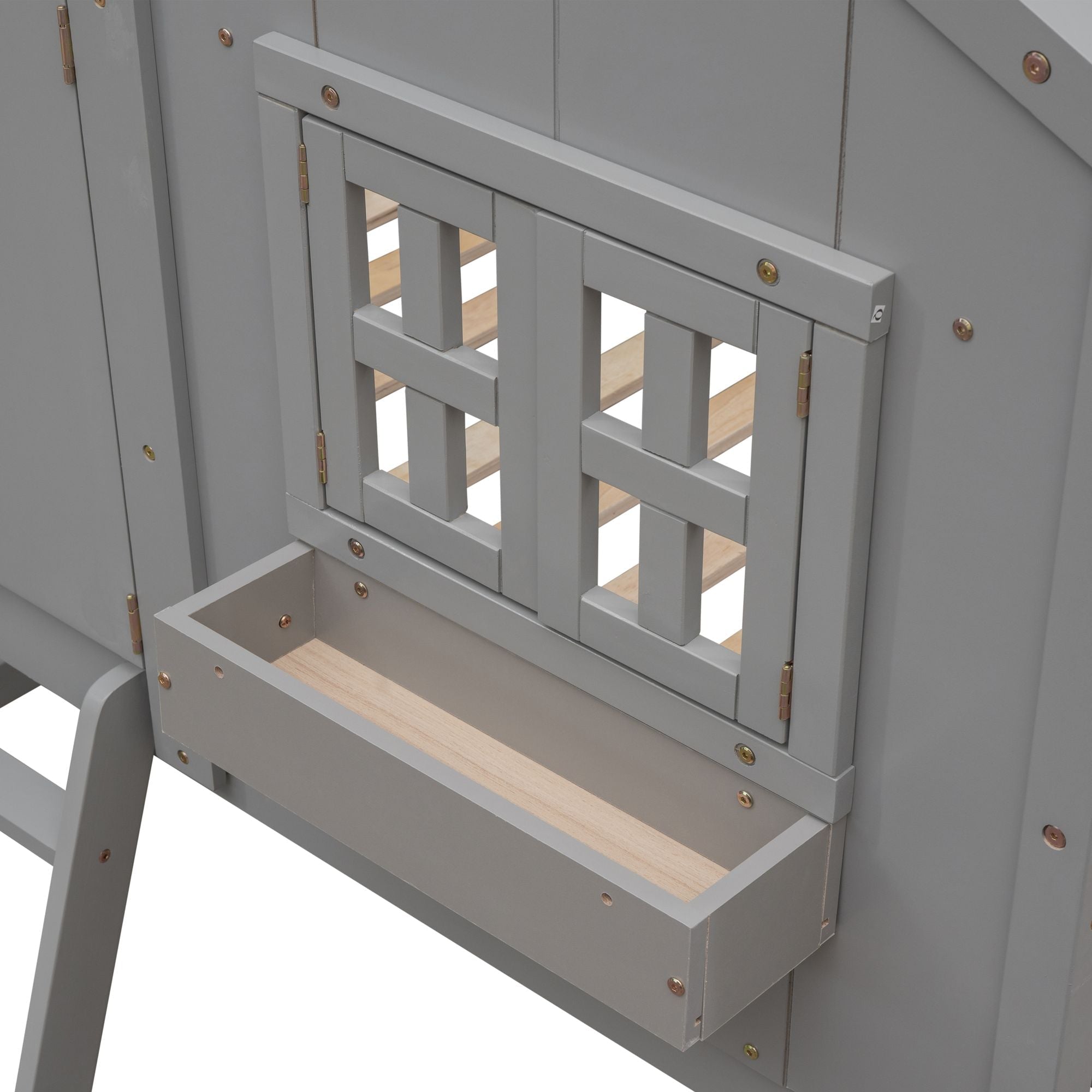 Imaginative Twin Over Twin Wood House Bunk Bed with Roof, Window, Door, Ladder in Multiple Colors | Just Better Bunk Beds