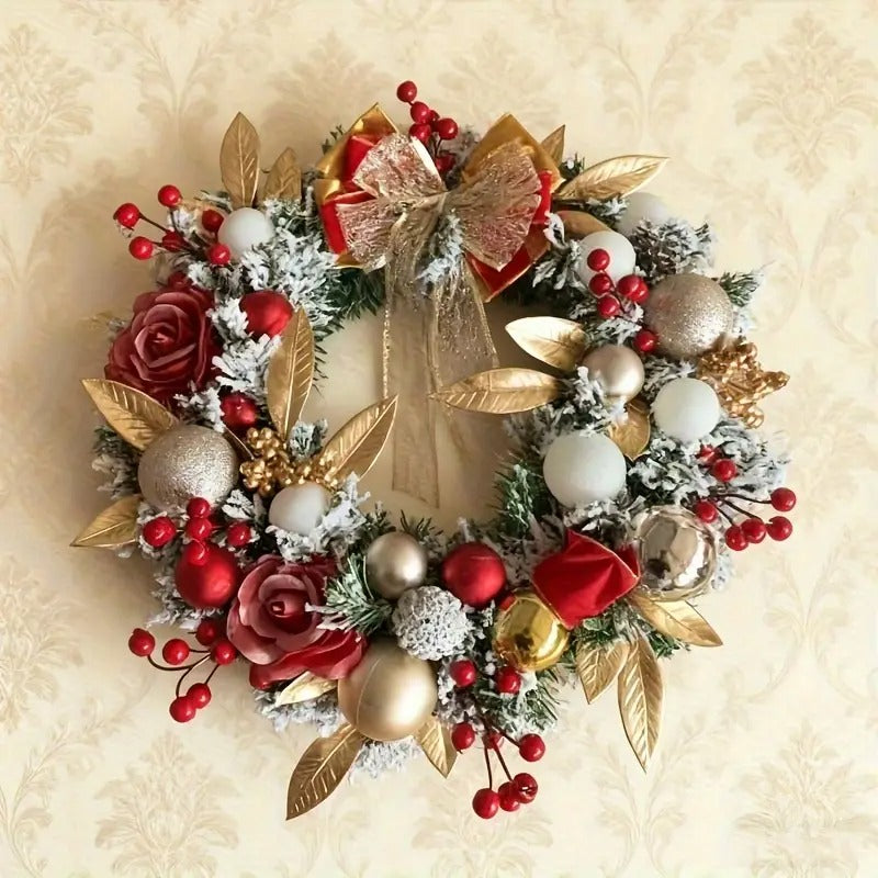 Red and Gold Christmas Wreath with Glittering Bow-2