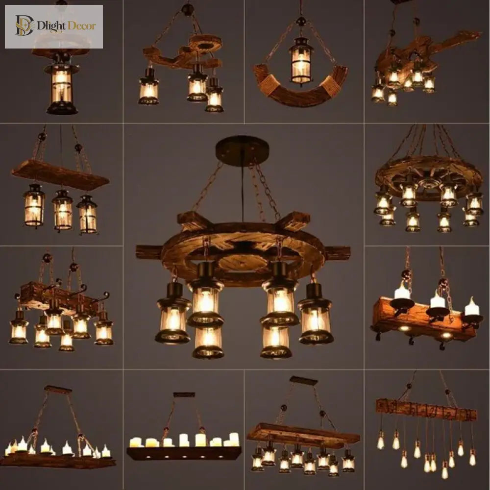 Industrial Vintage Wood Chandelier | Dining Room Lighting