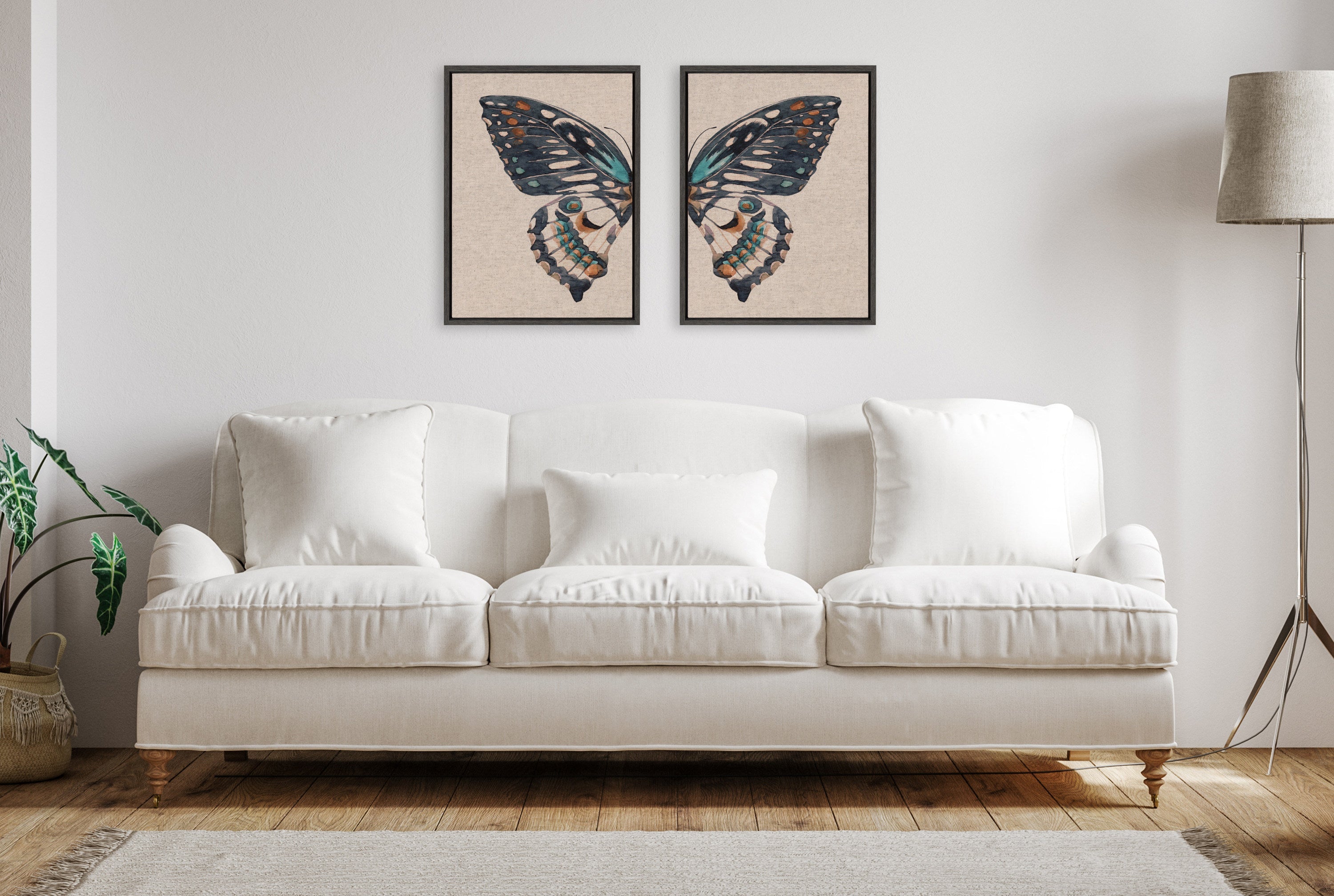 Sylvie Boho Butterfly Watercolor Diptych Neutral Linen Framed Canvas Art Set by The Creative Bunch Studio