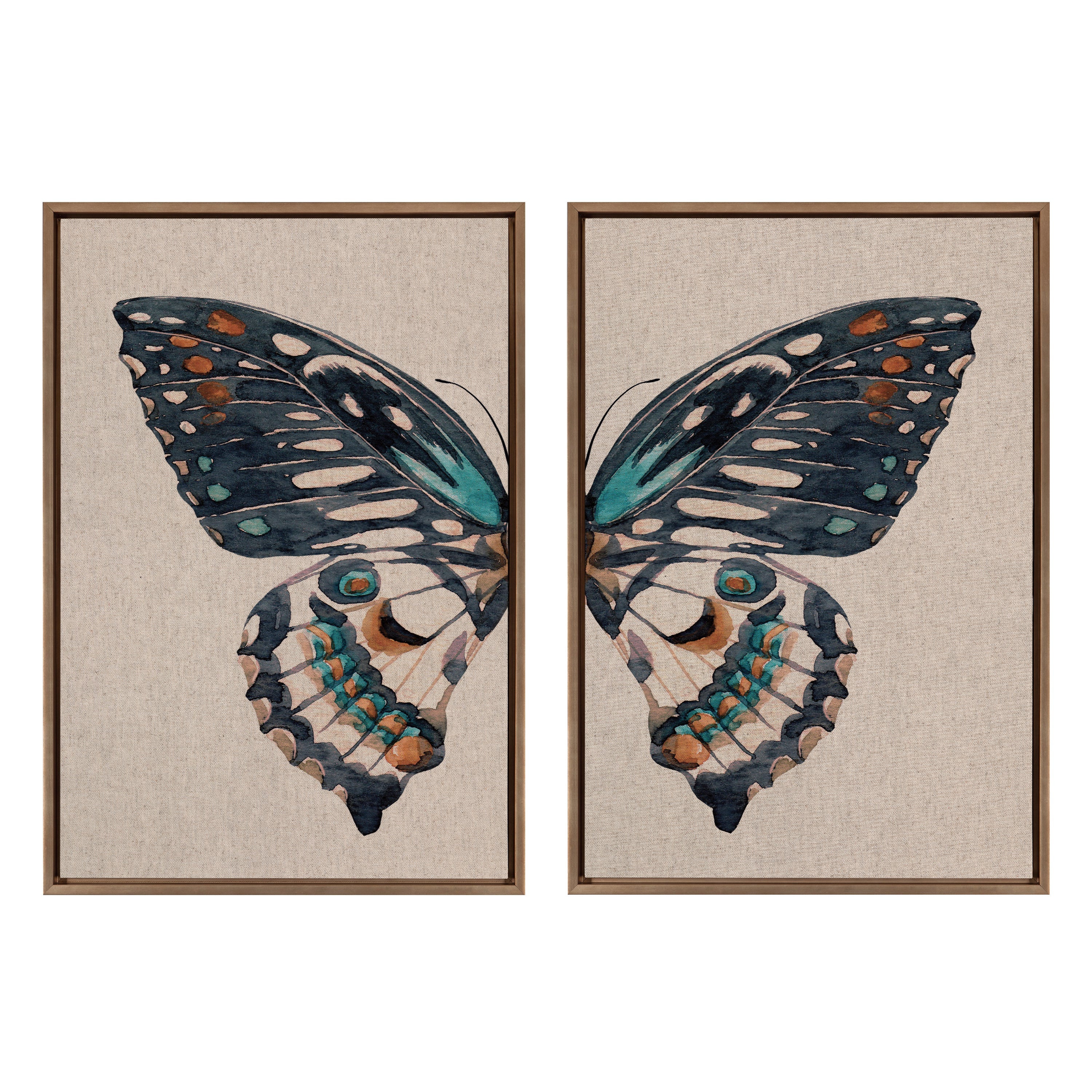 Sylvie Boho Butterfly Watercolor Diptych Neutral Linen Framed Canvas Art Set by The Creative Bunch Studio