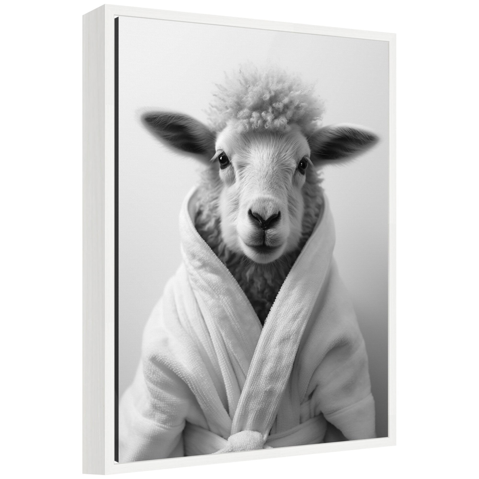 Sylvie Sheep Bathroom Art Towel Robe Black and White Framed Canvas by The Creative Bunch Studio