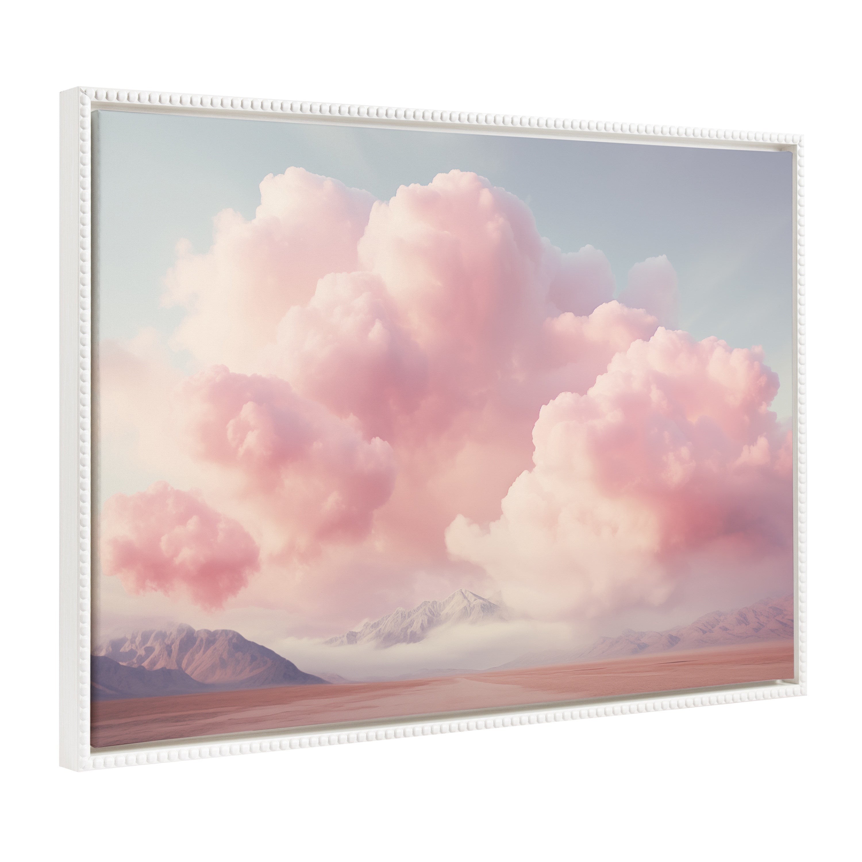 Sylvie Beaded Vintage Pink Cotton Candy Clouds Mountain Landscape Framed Canvas by The Creative Bunch Studio