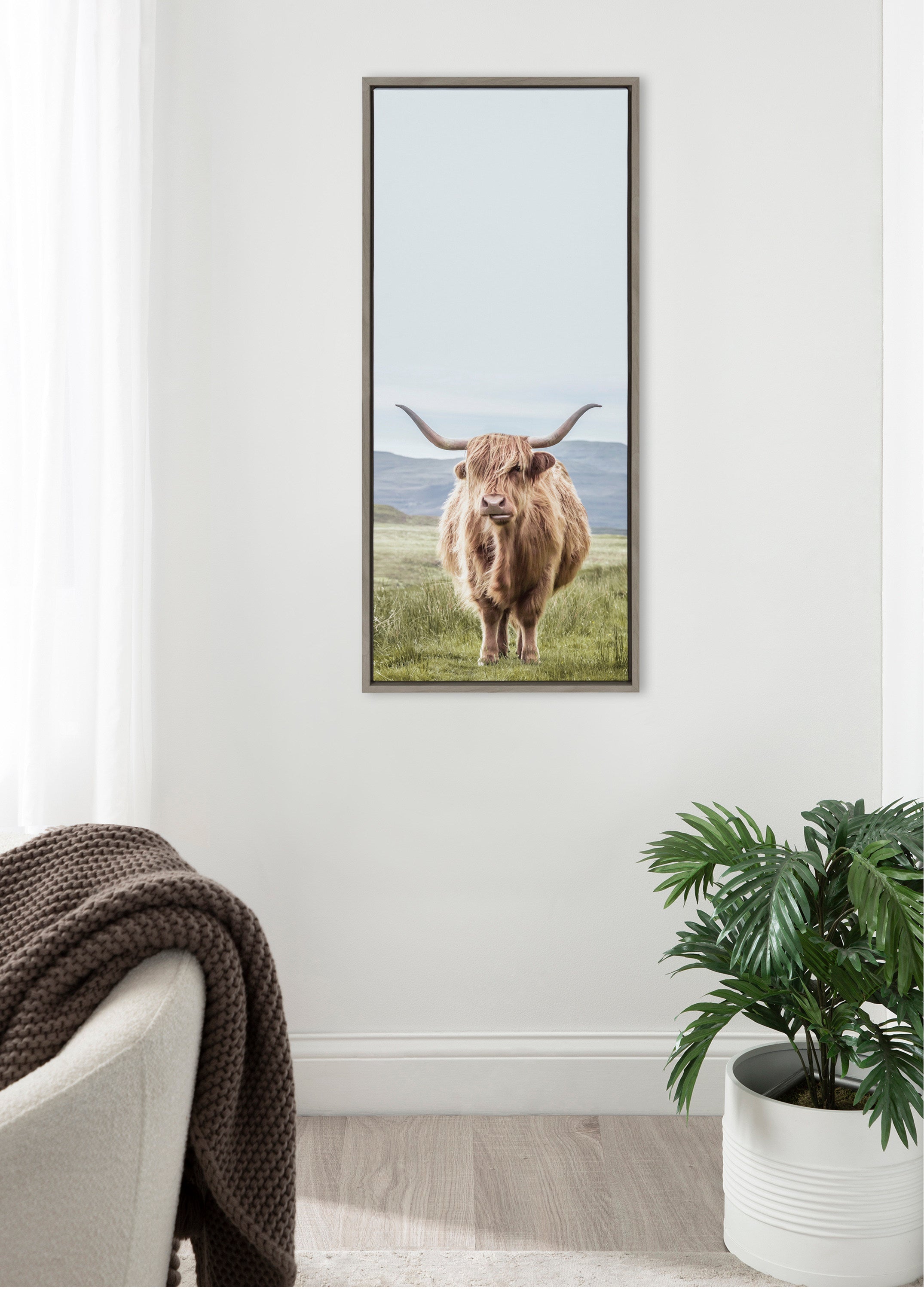 Sylvie Highland Cow Mountain Landscape Framed Canvas by The Creative Bunch Studio