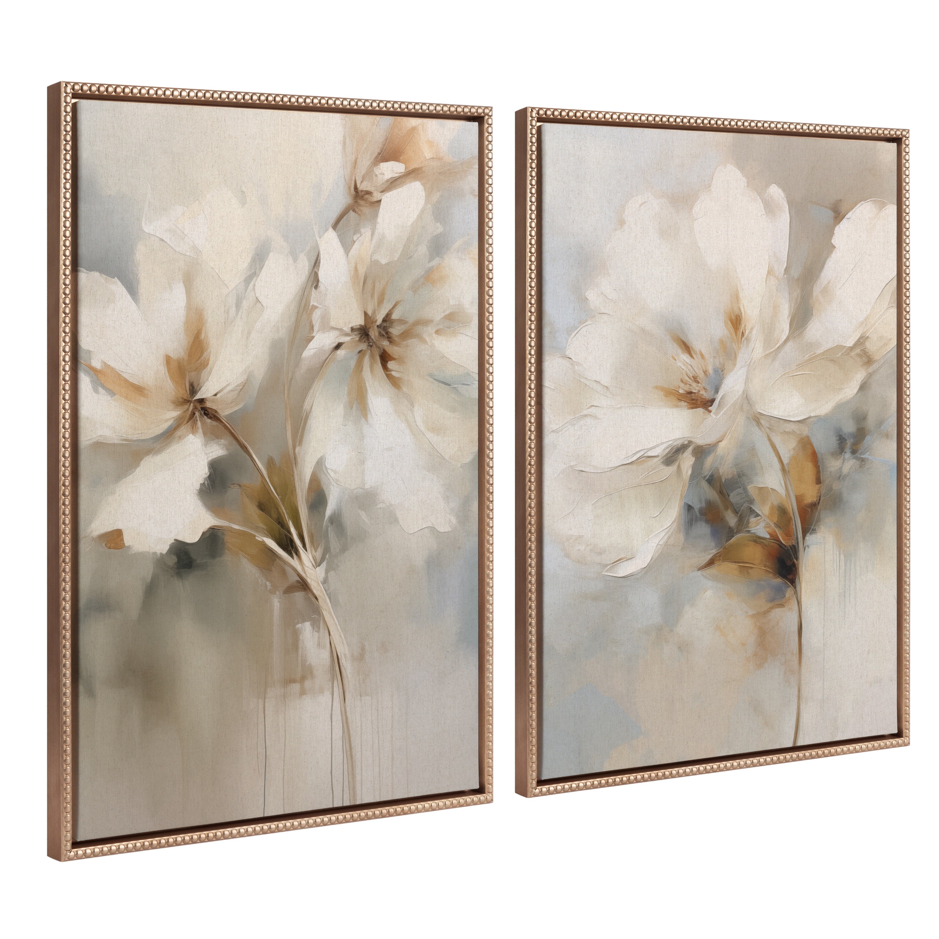 Sylvie Beaded Abstract Botanical Floral Linen Painting 1 and 2 Framed Canvas Art Set by The Creative Bunch Studio
