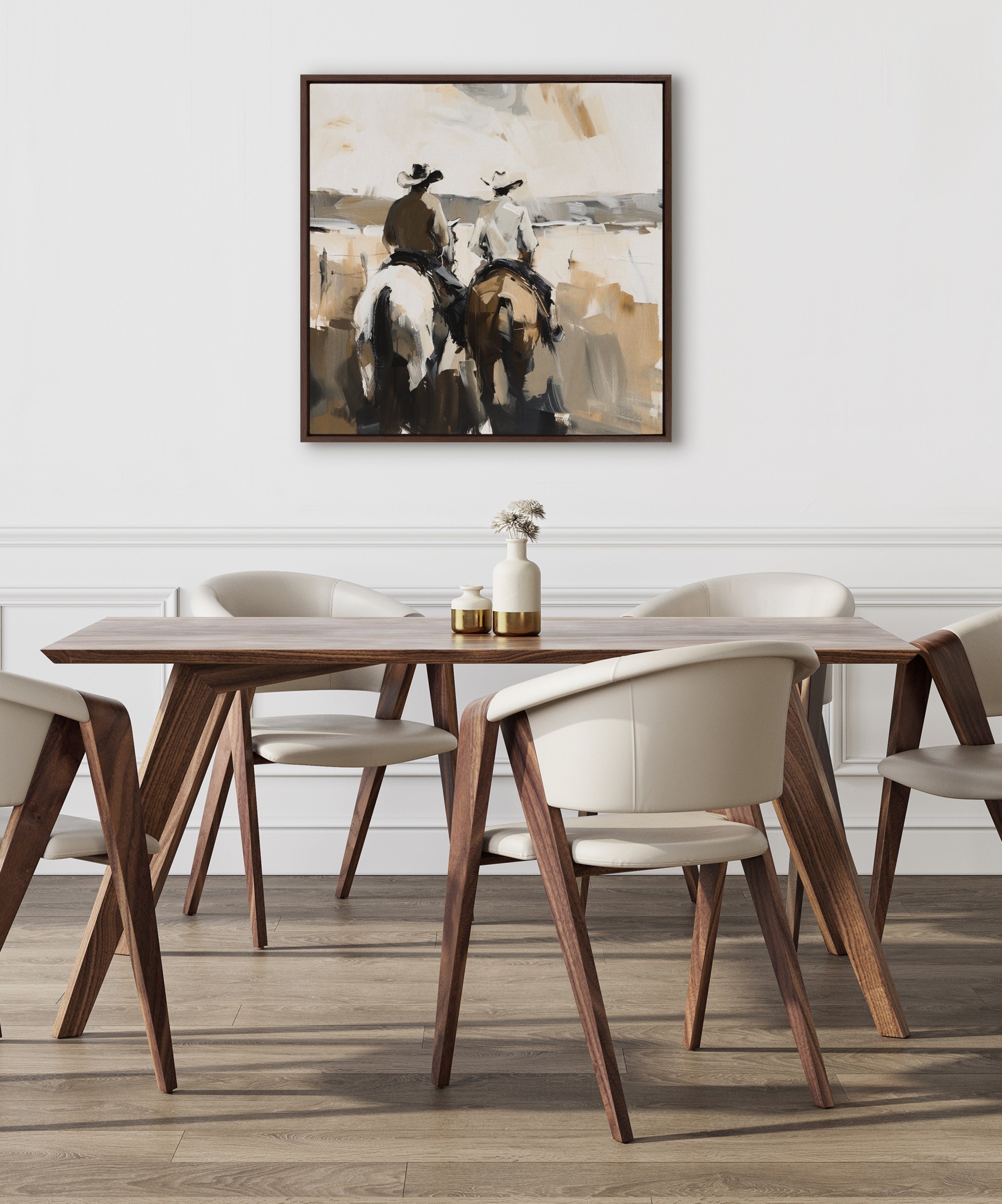 Sylvie Western Cowboy Horseback Ranch Abstract Neutral 1 Framed Canvas by The Creative Bunch Studio