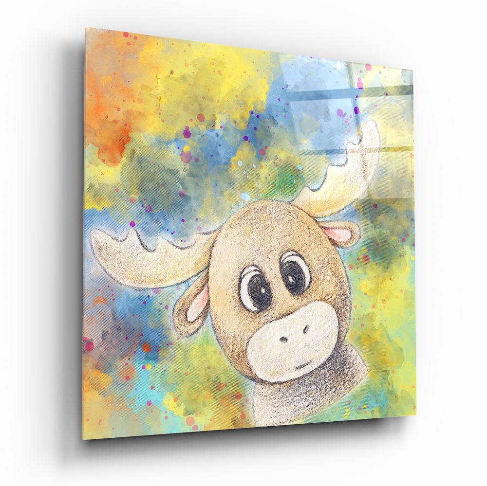 Cheerful Cartoon Moose Kids Glass Wall Art