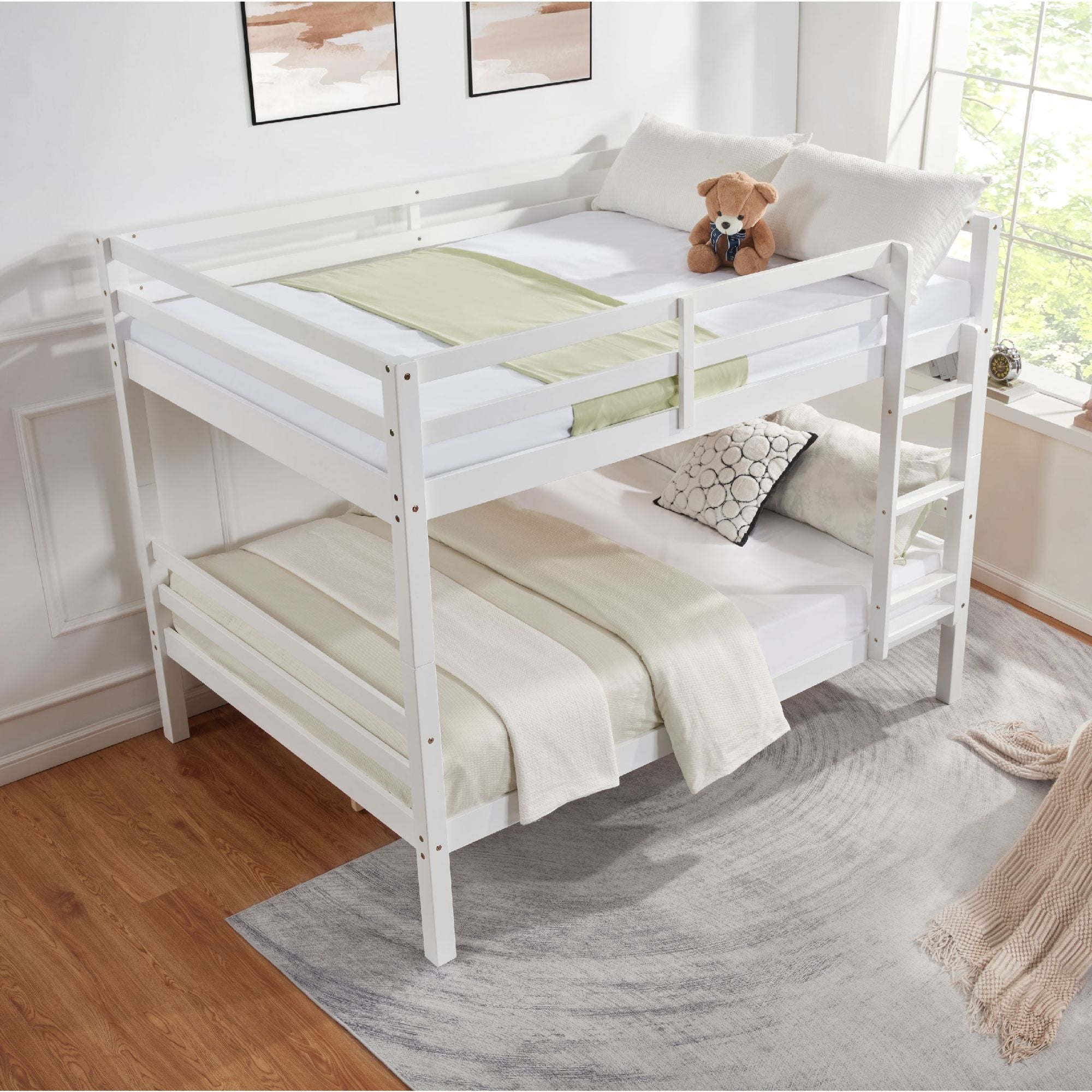 Kids Shared Room Full Over Full Wood Bunk Bed with High Guardrail Ladder White | Just Better Bunk Beds