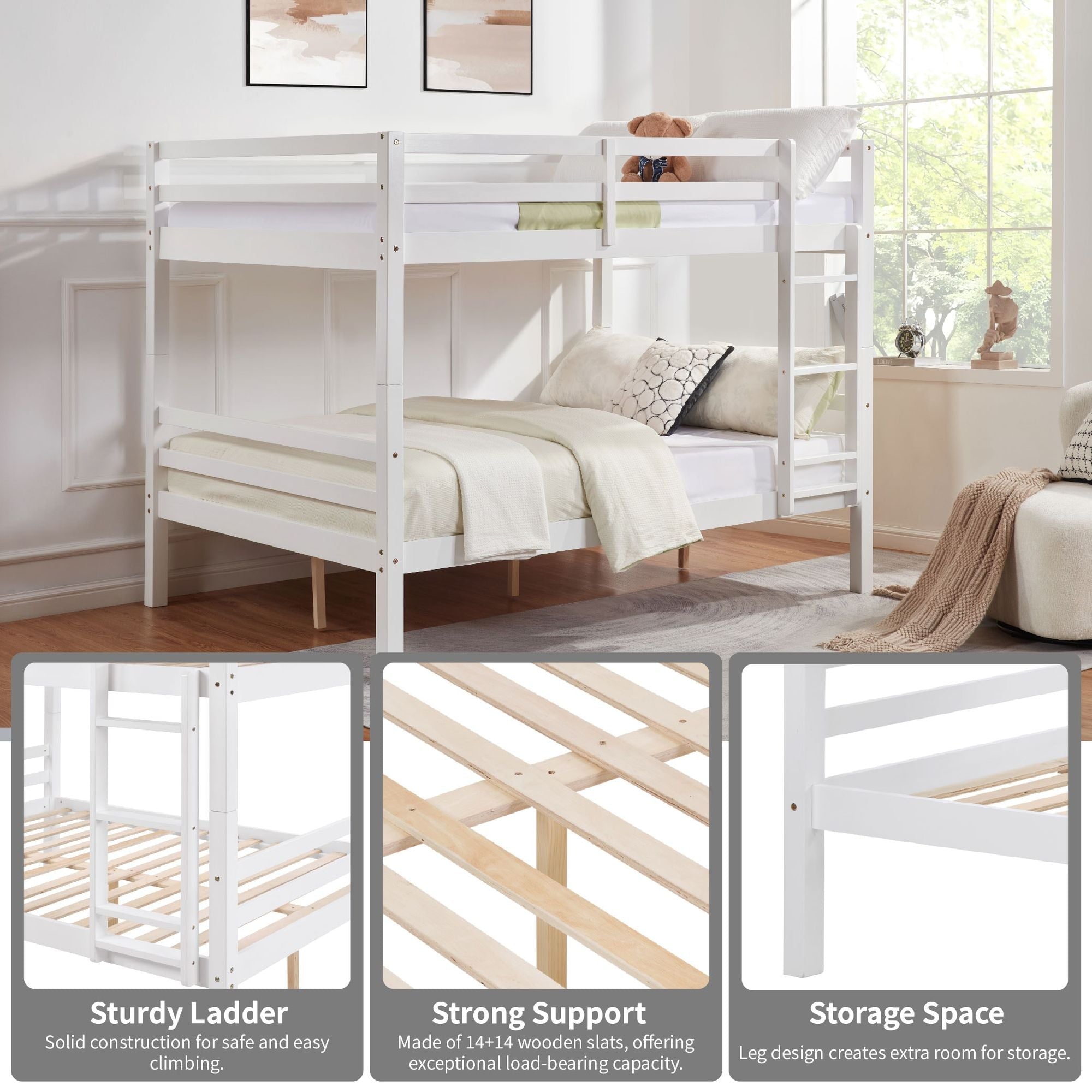 Kids Shared Room Full Over Full Wood Bunk Bed with High Guardrail Ladder White | Just Better Bunk Beds