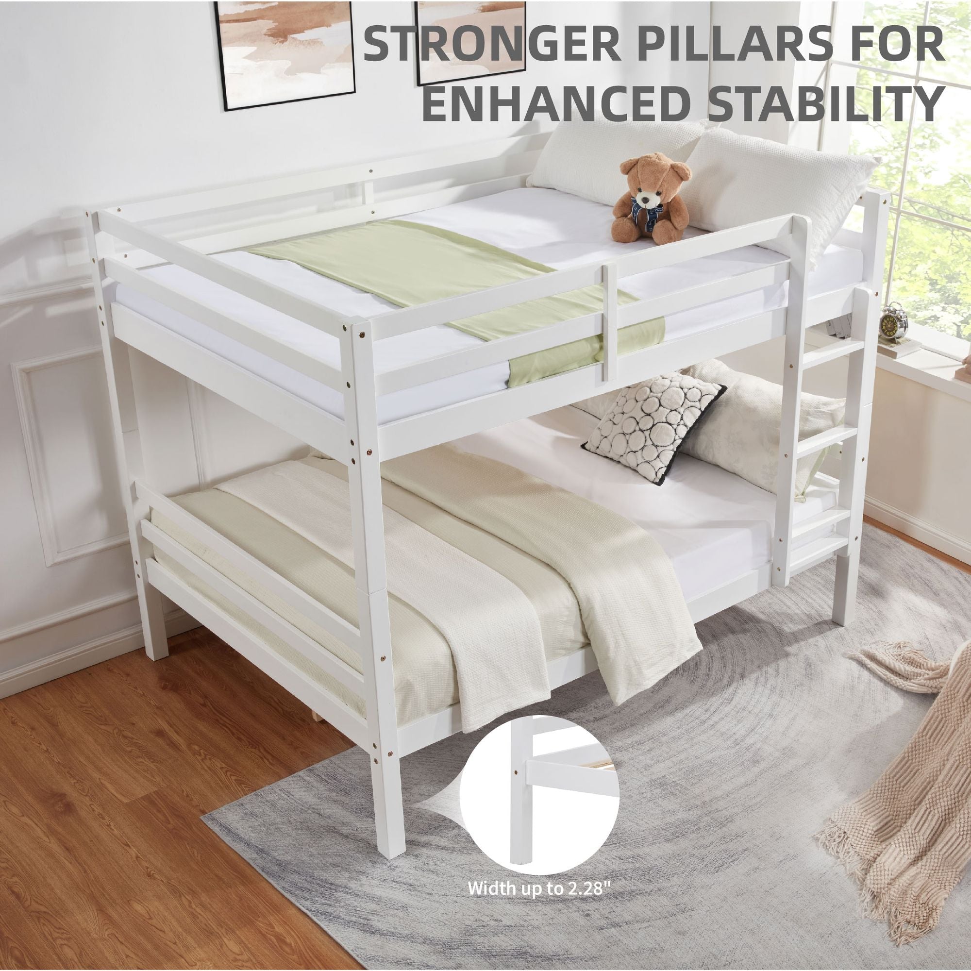Kids Shared Room Full Over Full Wood Bunk Bed with High Guardrail Ladder White | Just Better Bunk Beds