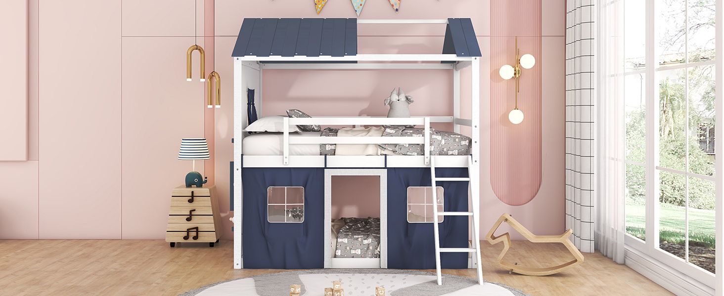 Kids Shared Room Full Over Full Wood House Bunk Bed with Windows Tent Blue White | Just Better Bunk Beds