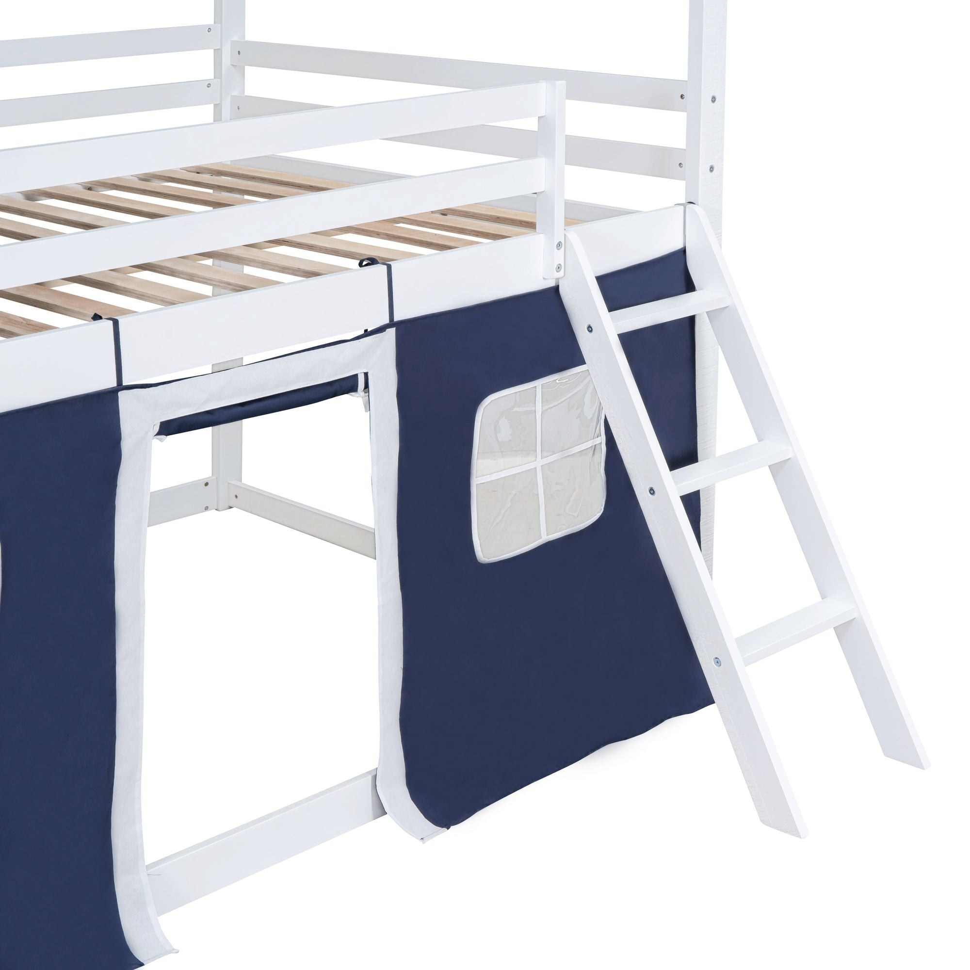 Kids Shared Room Full Over Full Wood House Bunk Bed with Windows Tent Blue White | Just Better Bunk Beds