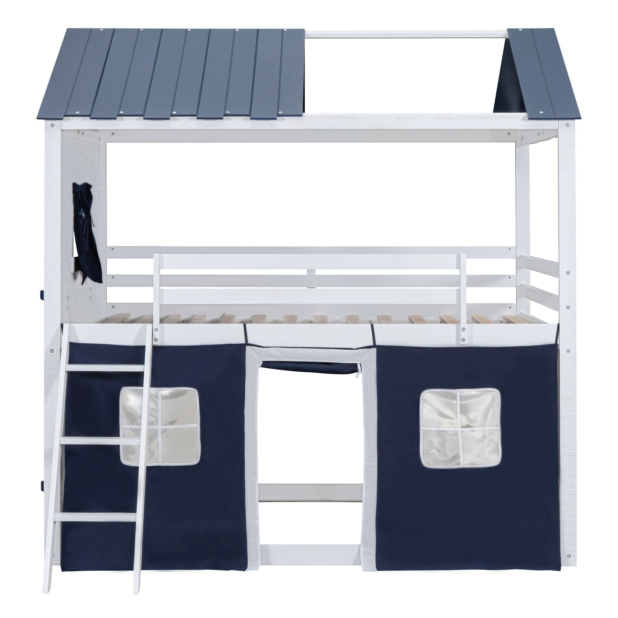 Kids Shared Room Full Over Full Wood House Bunk Bed with Windows Tent Blue White | Just Better Bunk Beds
