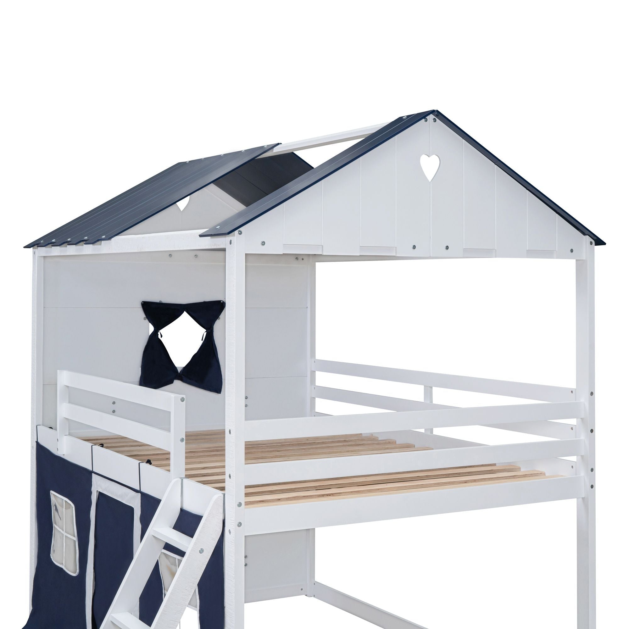 Kids Shared Room Full Over Full Wood House Bunk Bed with Windows Tent Blue White | Just Better Bunk Beds