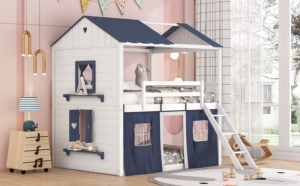 Kids Shared Room Full Over Full Wood House Bunk Bed with Windows Tent Blue White | Just Better Bunk Beds