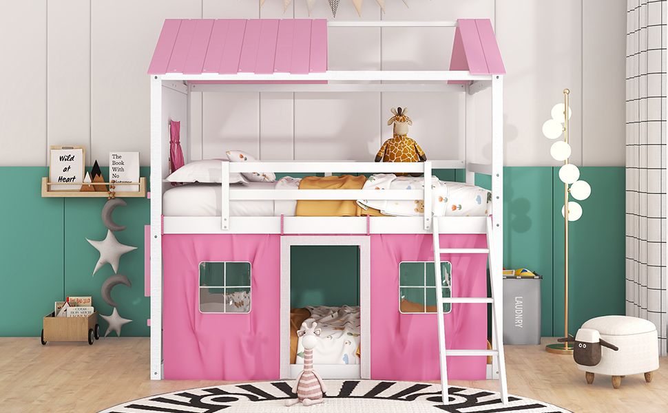 Kids Shared Room Full Size Wood Bunk Bed with House Design, Windows, Tent, Pink and White | Just Better Bunk Beds