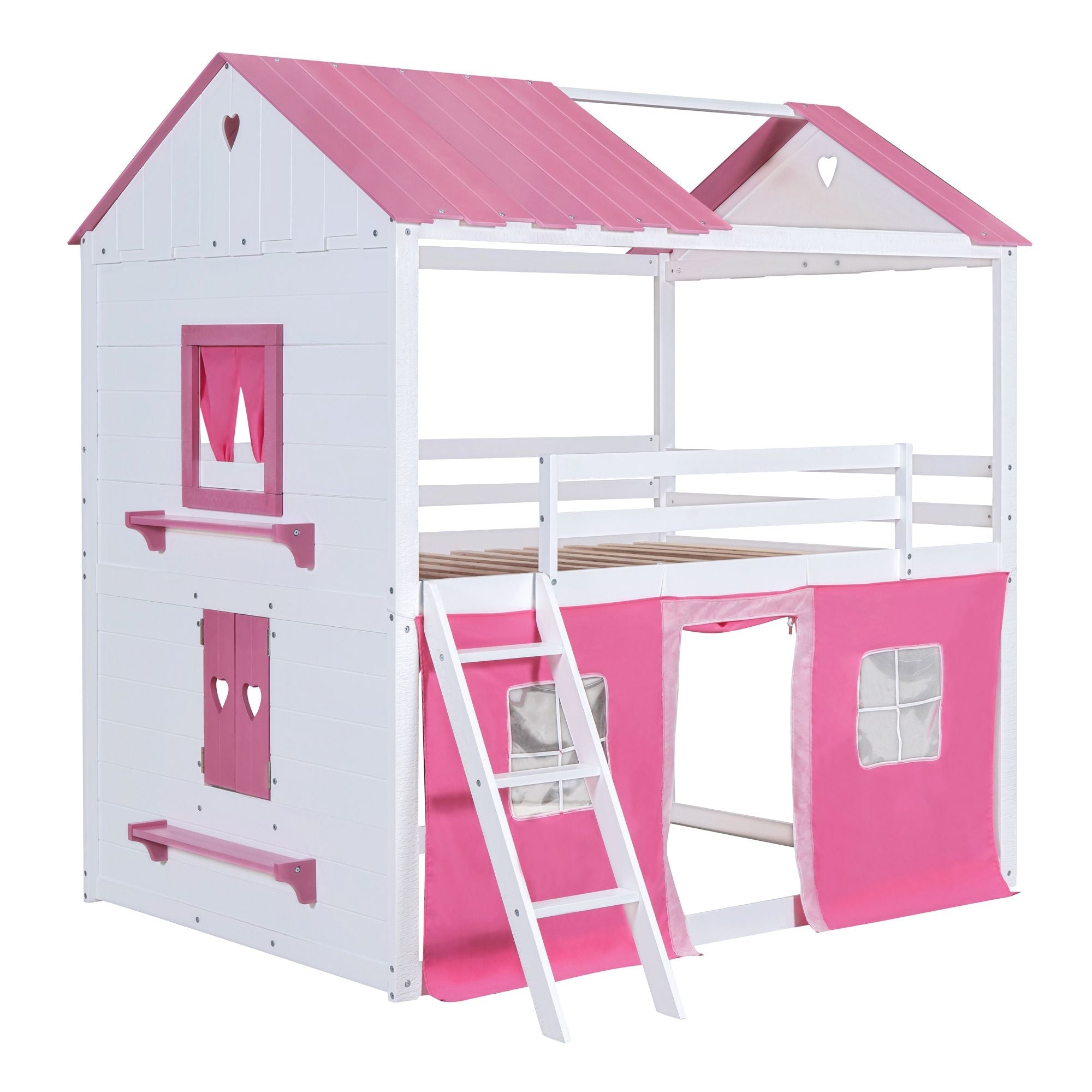 Kids Shared Room Full Size Wood Bunk Bed with House Design, Windows, Tent, Pink and White | Just Better Bunk Beds
