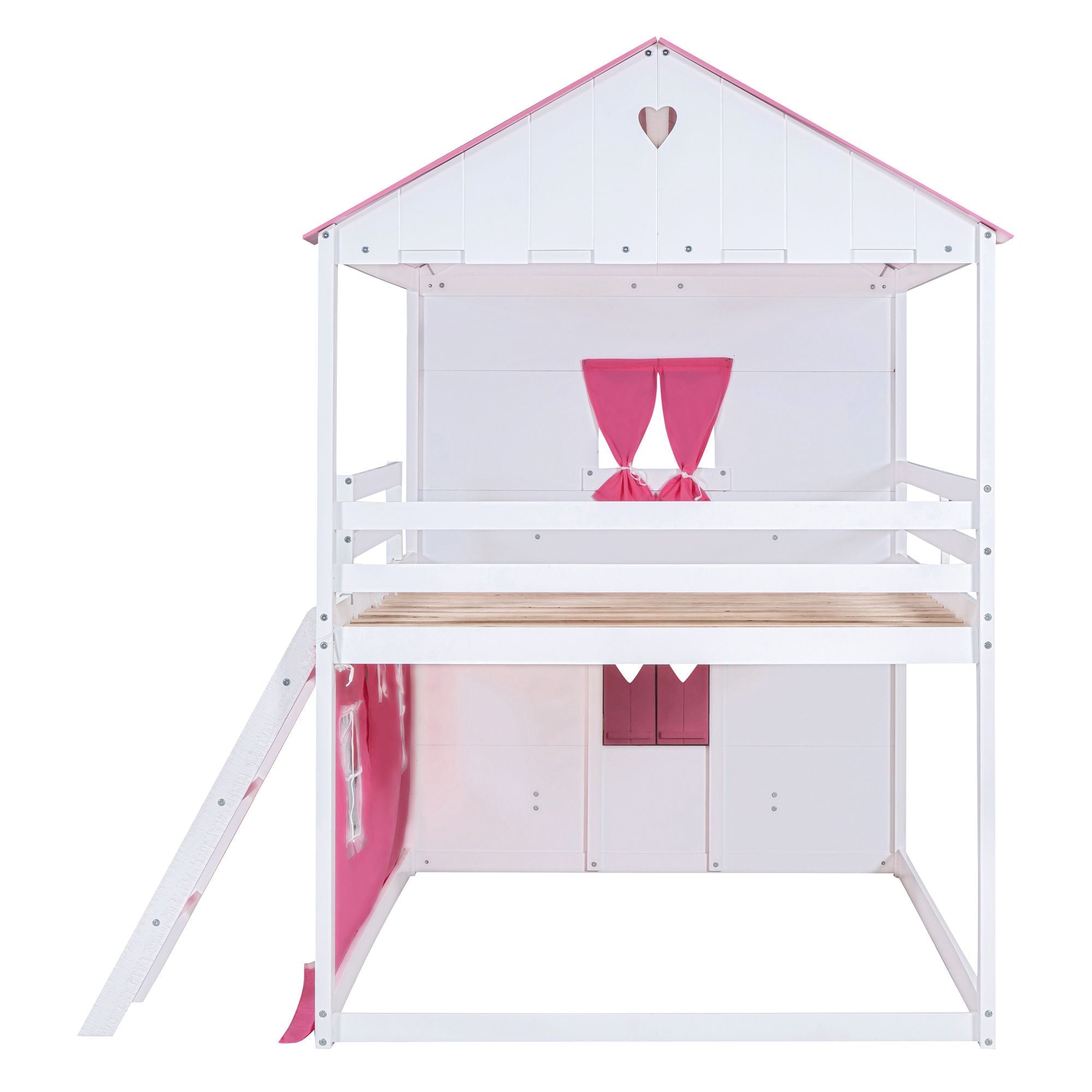 Kids Shared Room Full Size Wood Bunk Bed with House Design, Windows, Tent, Pink and White | Just Better Bunk Beds