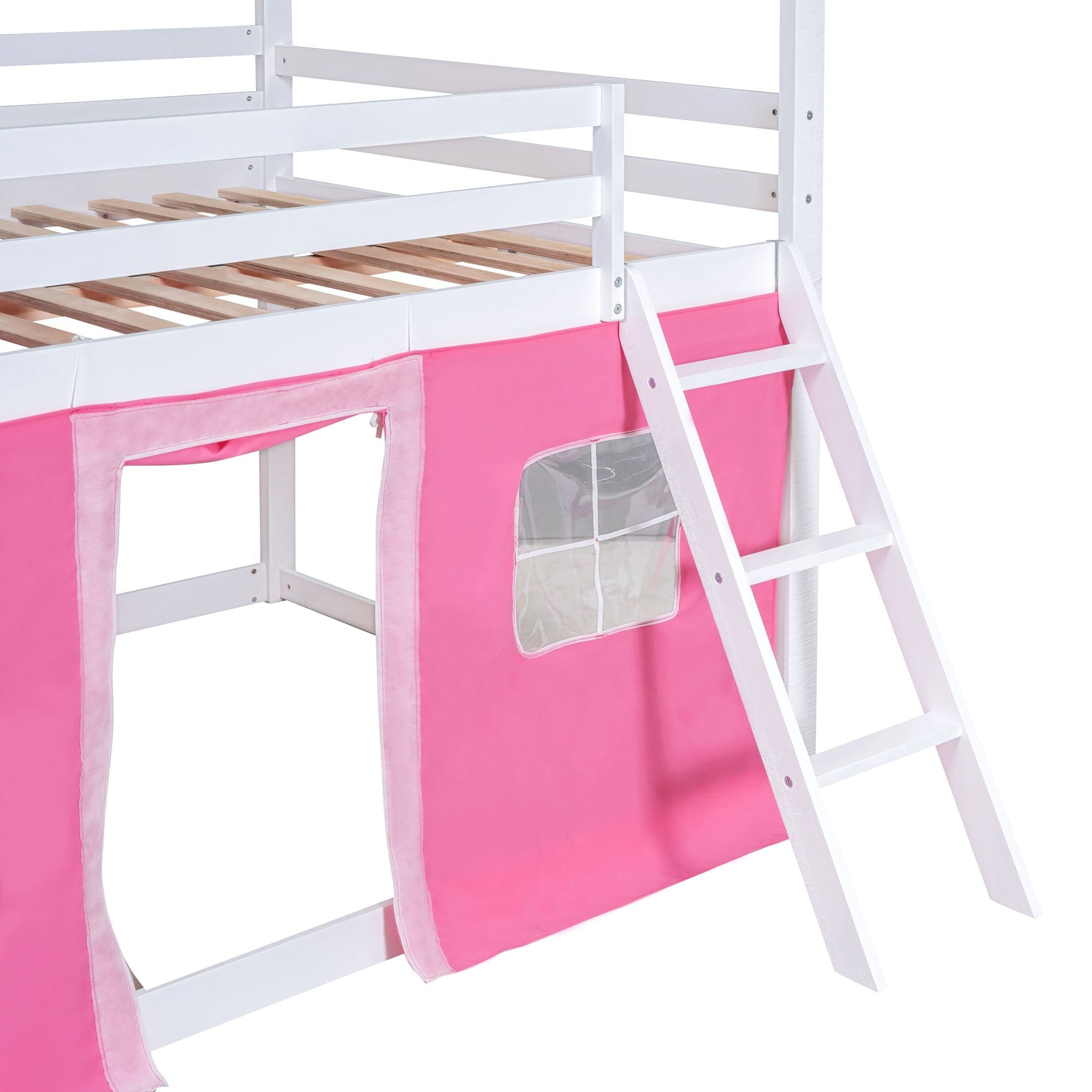 Kids Shared Room Full Size Wood Bunk Bed with House Design, Windows, Tent, Pink and White | Just Better Bunk Beds